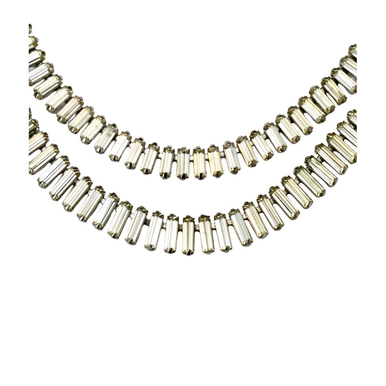 Women's or Men's Silver Plated Double Strand Baguette Rhinestone Necklace circa 1950s For Sale
