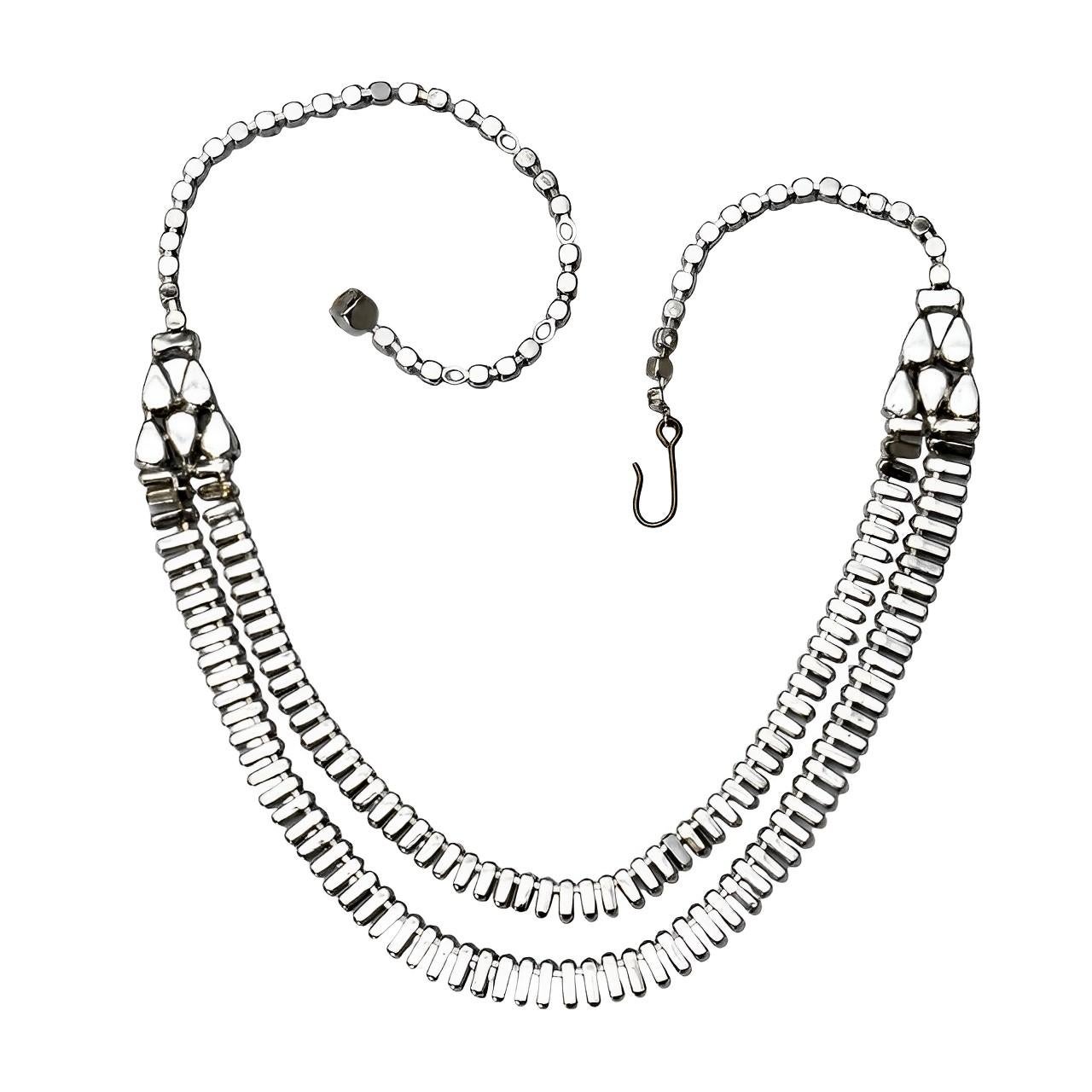 Silver Plated Double Strand Baguette Rhinestone Necklace circa 1950s For Sale 2