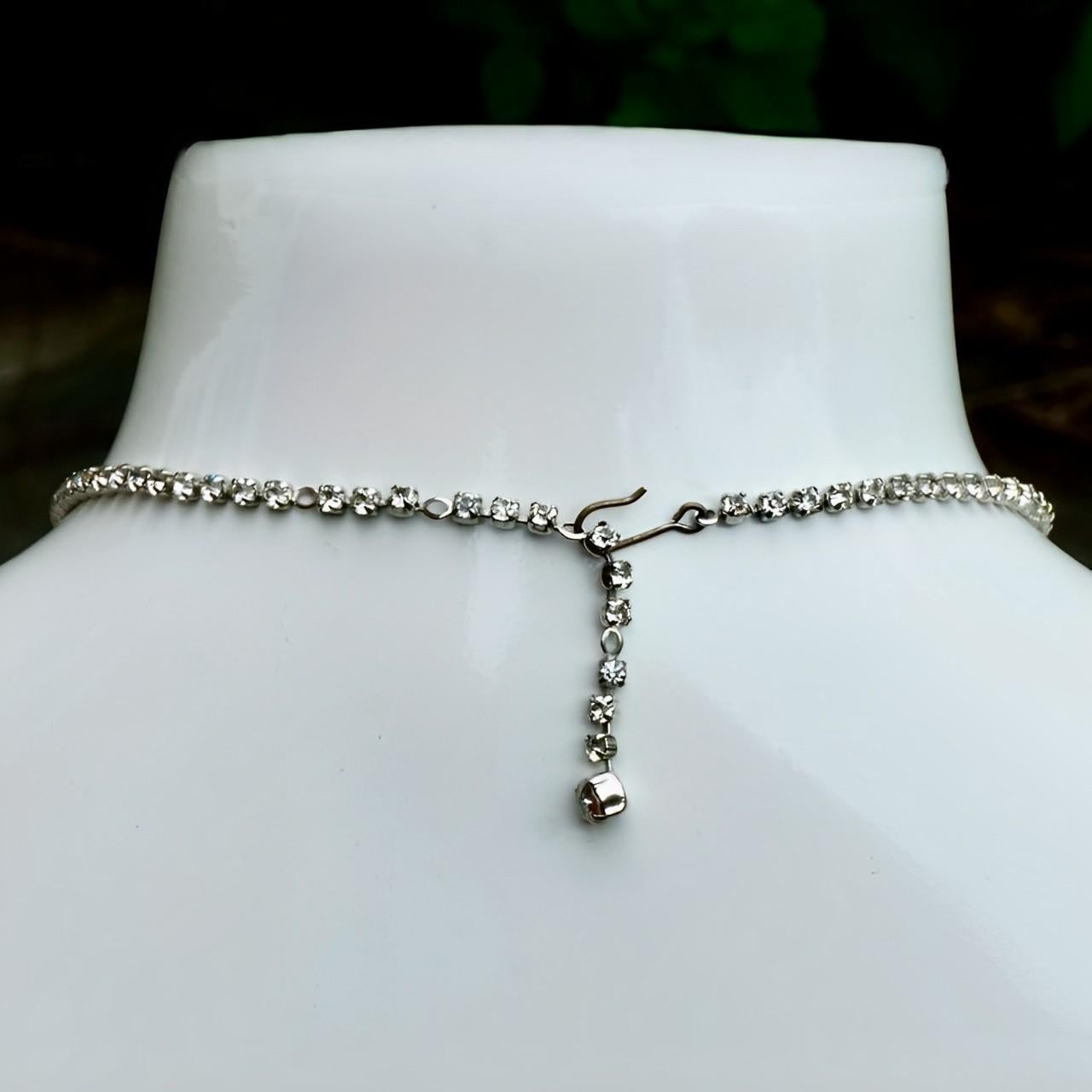 Silver Plated Double Strand Baguette Rhinestone Necklace circa 1950s For Sale 3