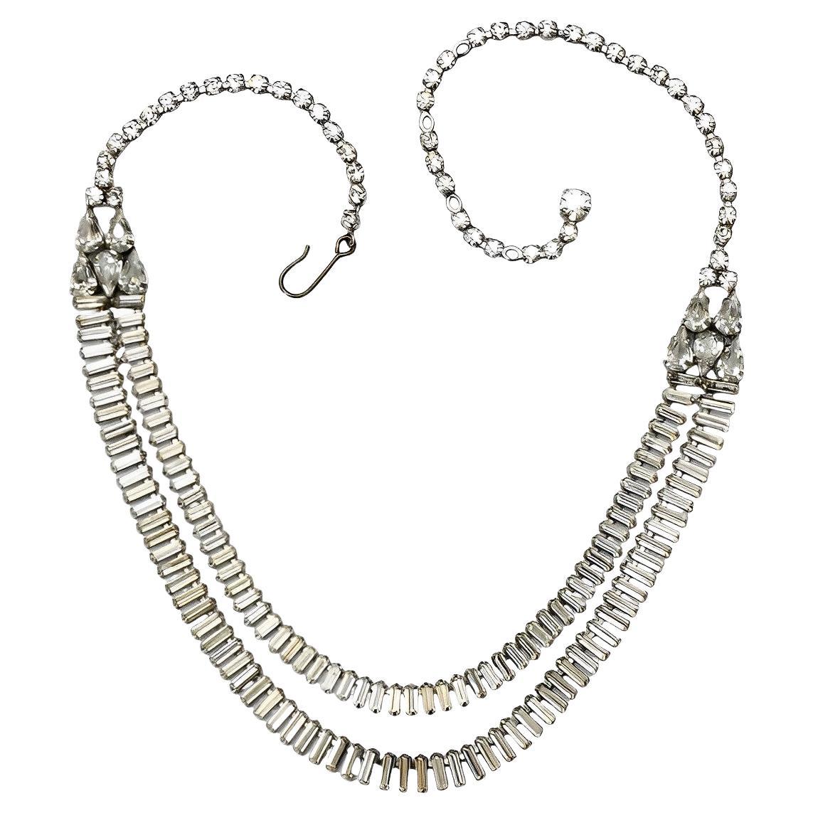 Silver Plated Double Strand Baguette Rhinestone Necklace circa 1950s For Sale