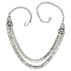 Vintage Silver Plated Double Strand Baguette Rhinestone Necklace circa 1950s