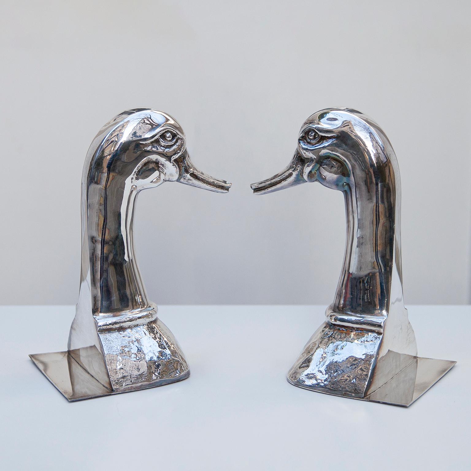 Hollywood Regency Silver Plated Duck Book Ends by Valenti, Spain, 1970s For Sale