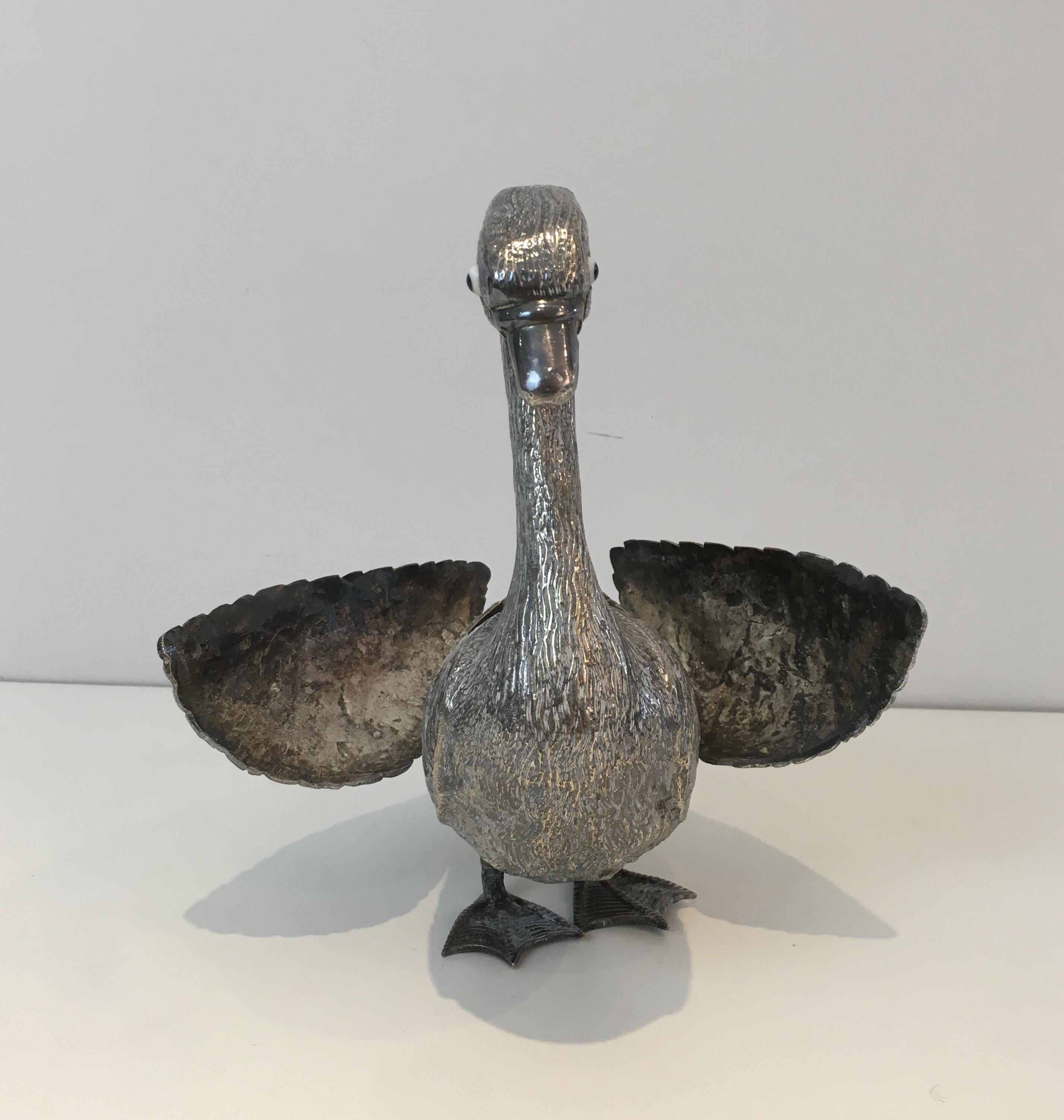 Silver Plated Duck opening a Box with its Wings, French, circa 1970 5