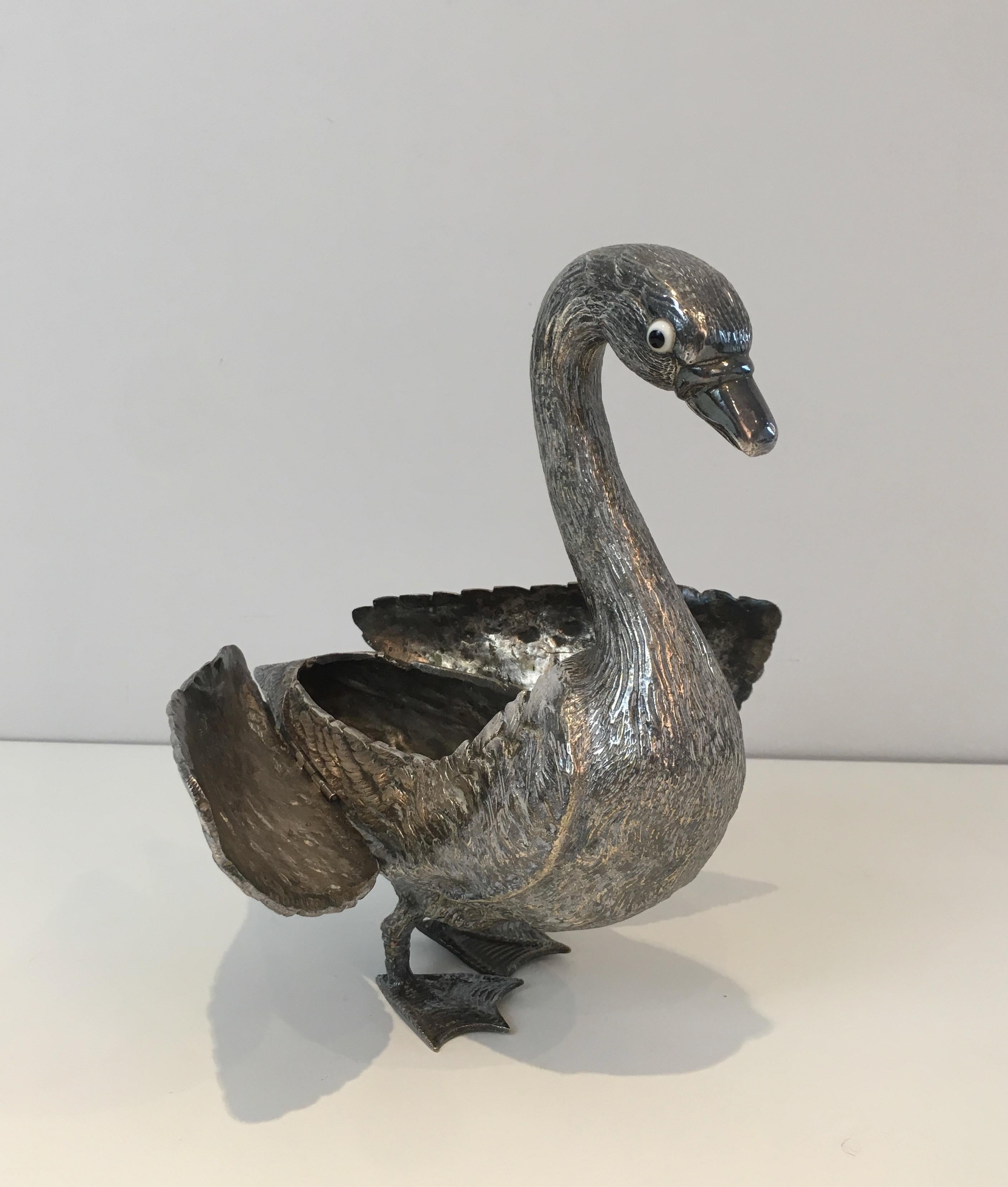 Silver Plated Duck opening a Box with its Wings, French, circa 1970 6