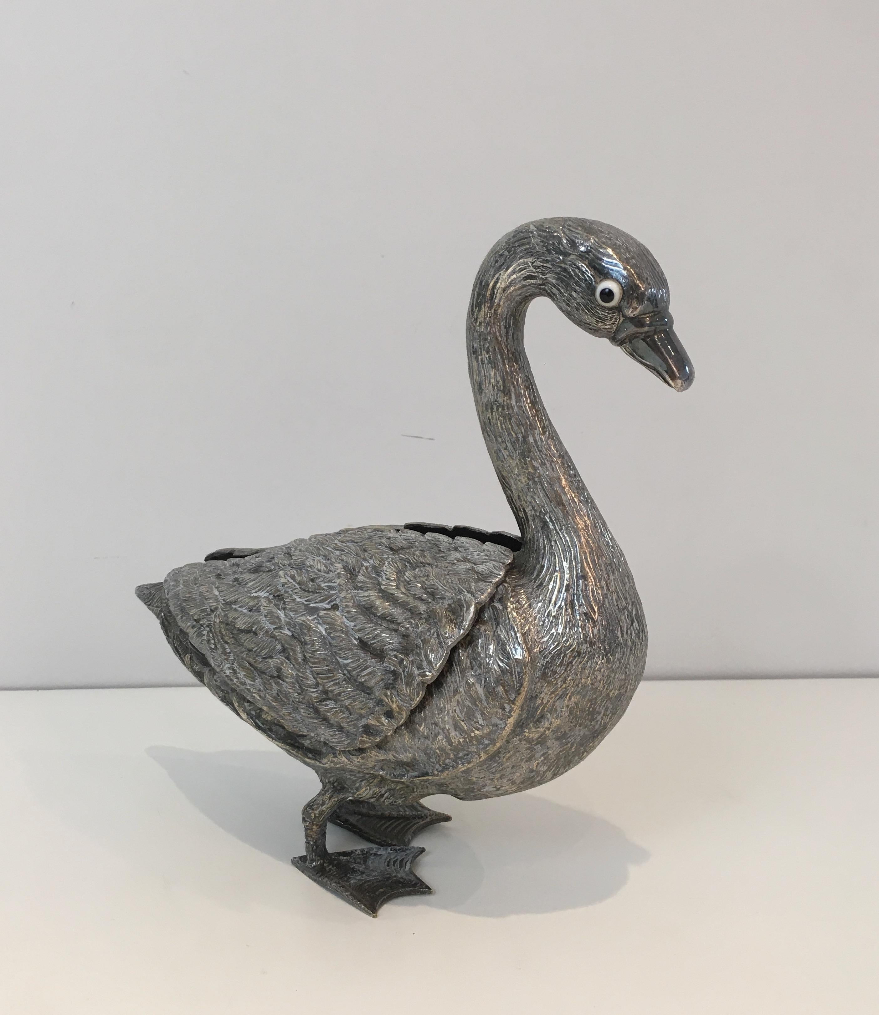 Silver Plated Duck opening a Box with its Wings, French, circa 1970 7