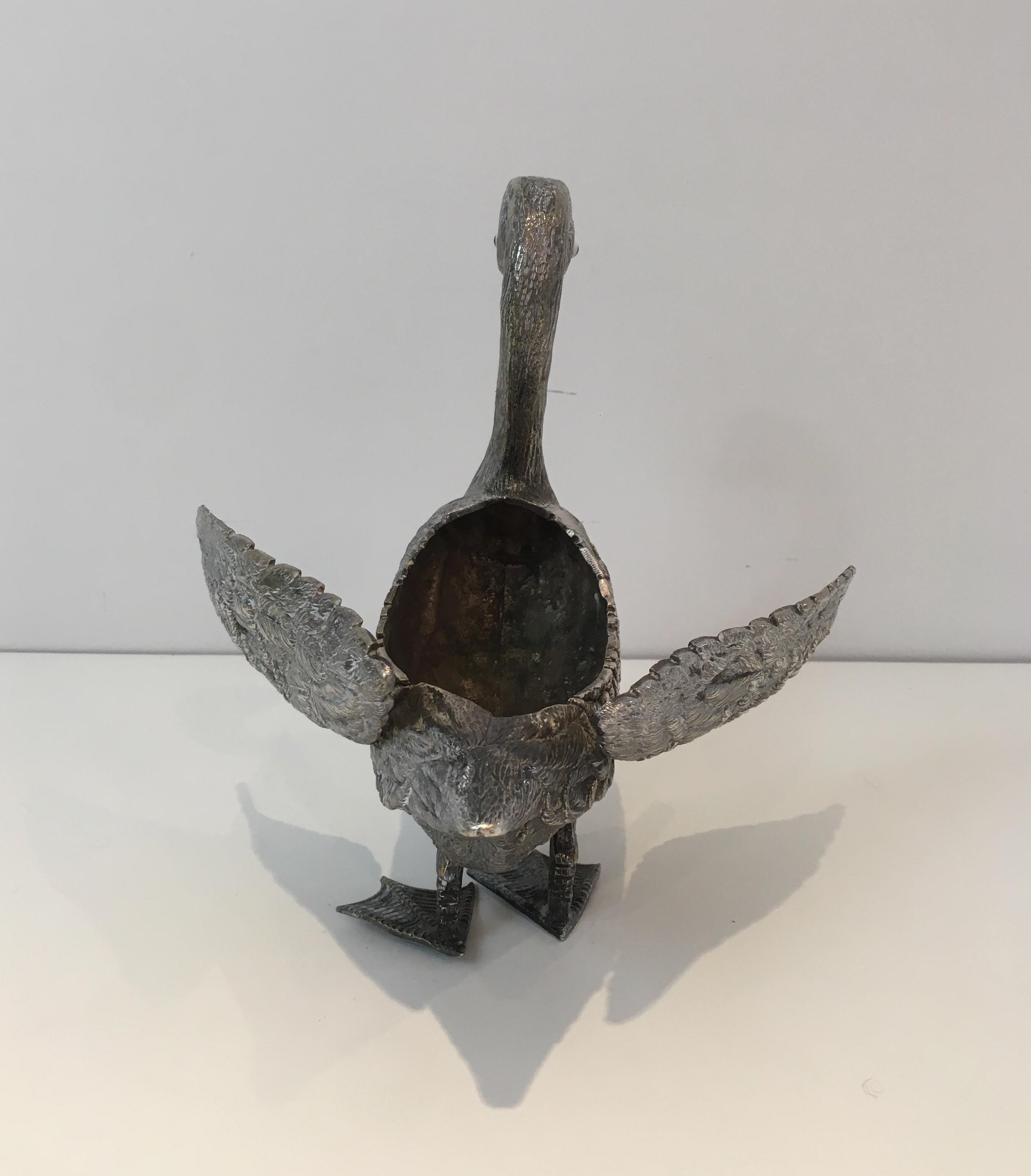Silver Plated Duck opening a Box with its Wings, French, circa 1970 8