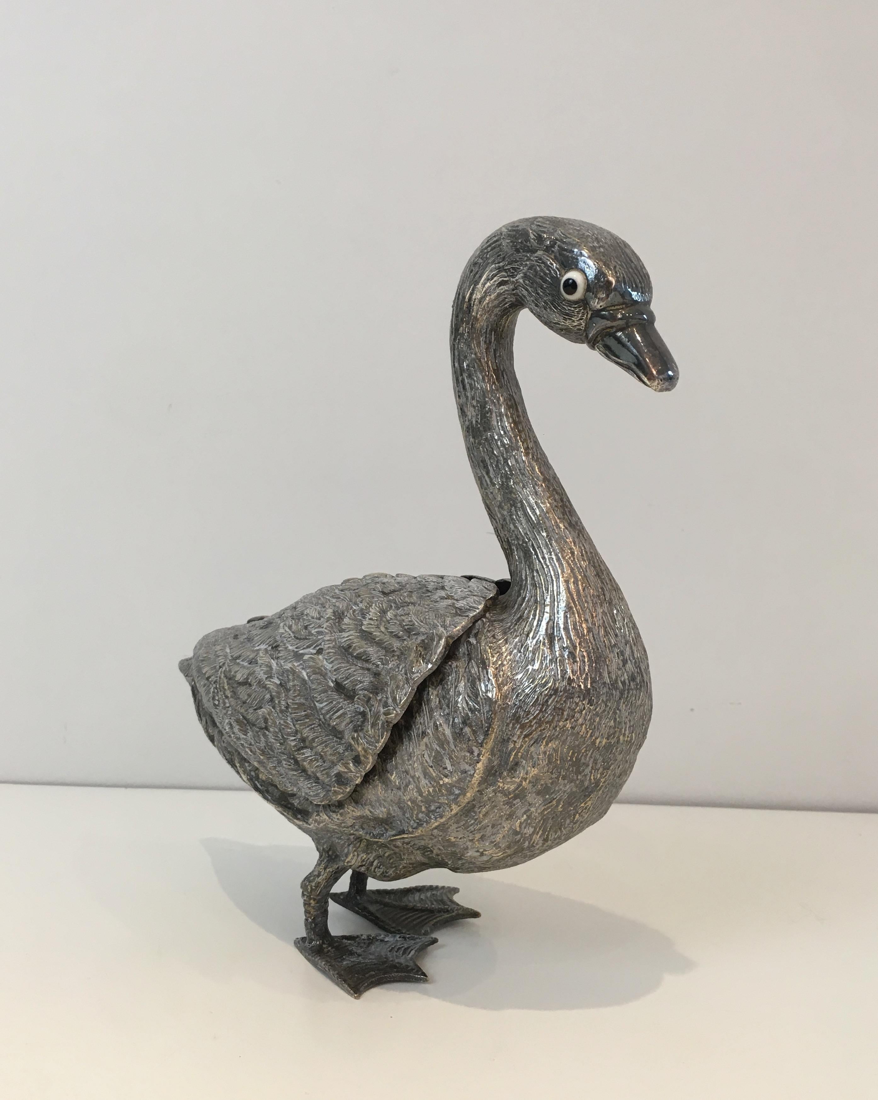 Silver Plated Duck opening a Box with its Wings, French, circa 1970 9