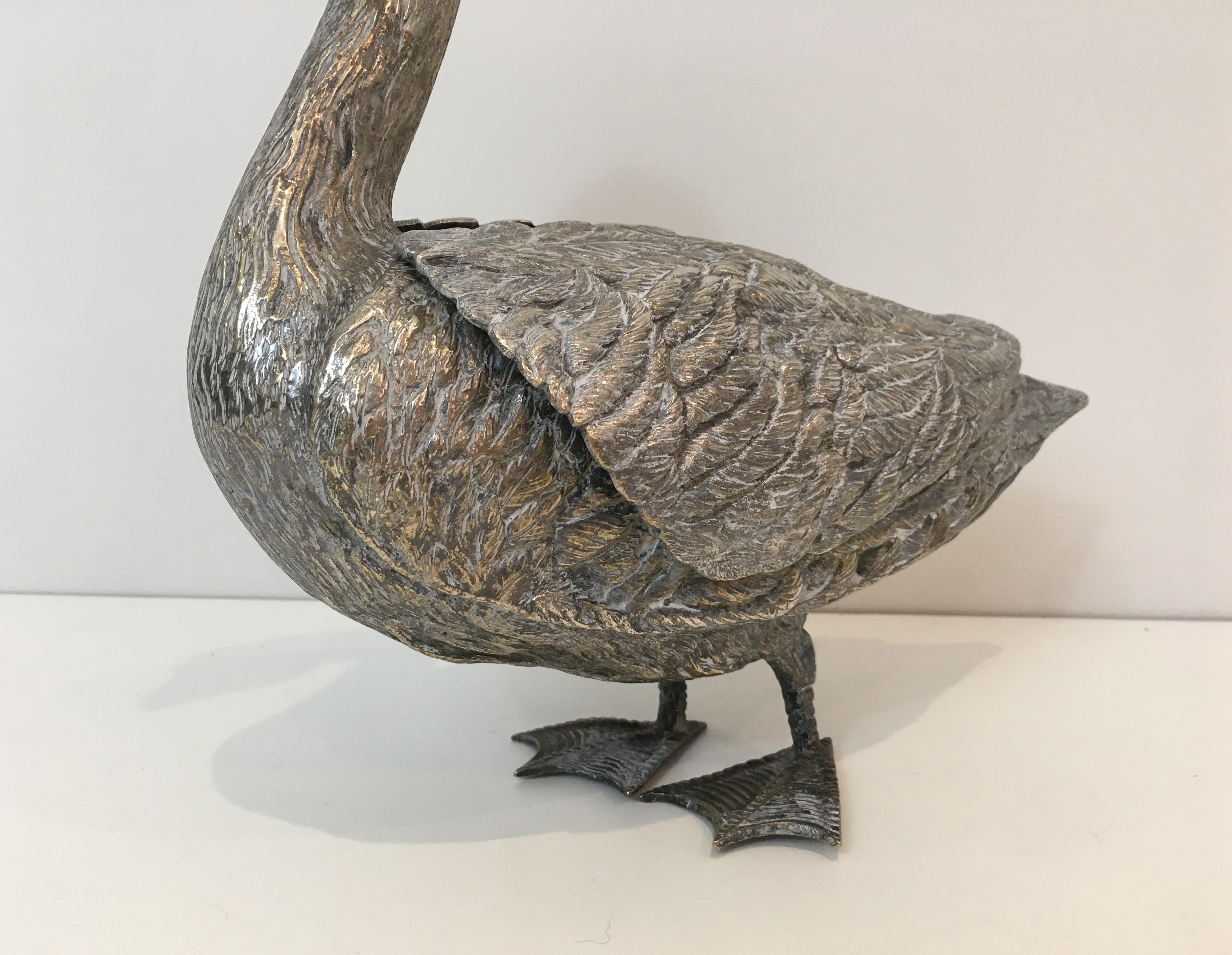 Silver Plated Duck opening a Box with its Wings, French, circa 1970 10