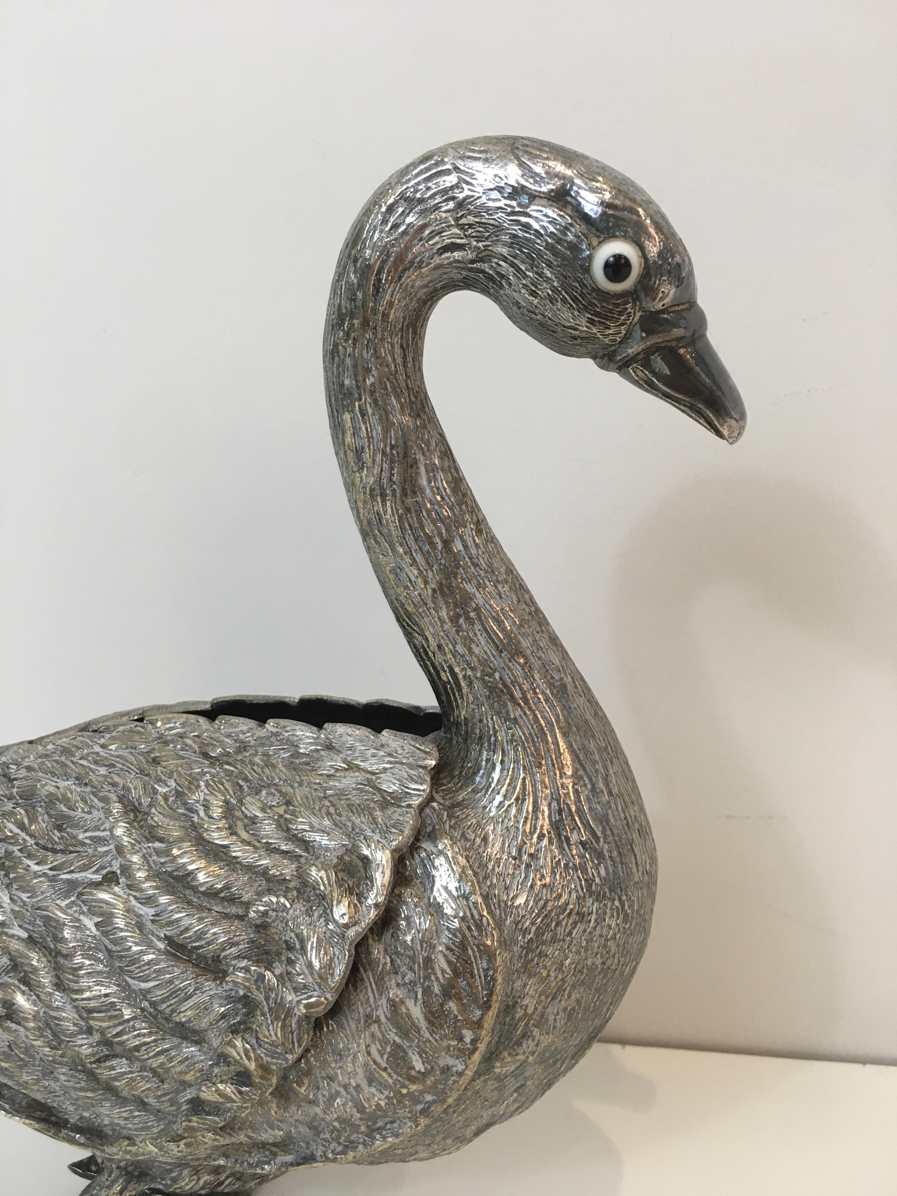 Silver Plated Duck opening a Box with its Wings, French, circa 1970 11