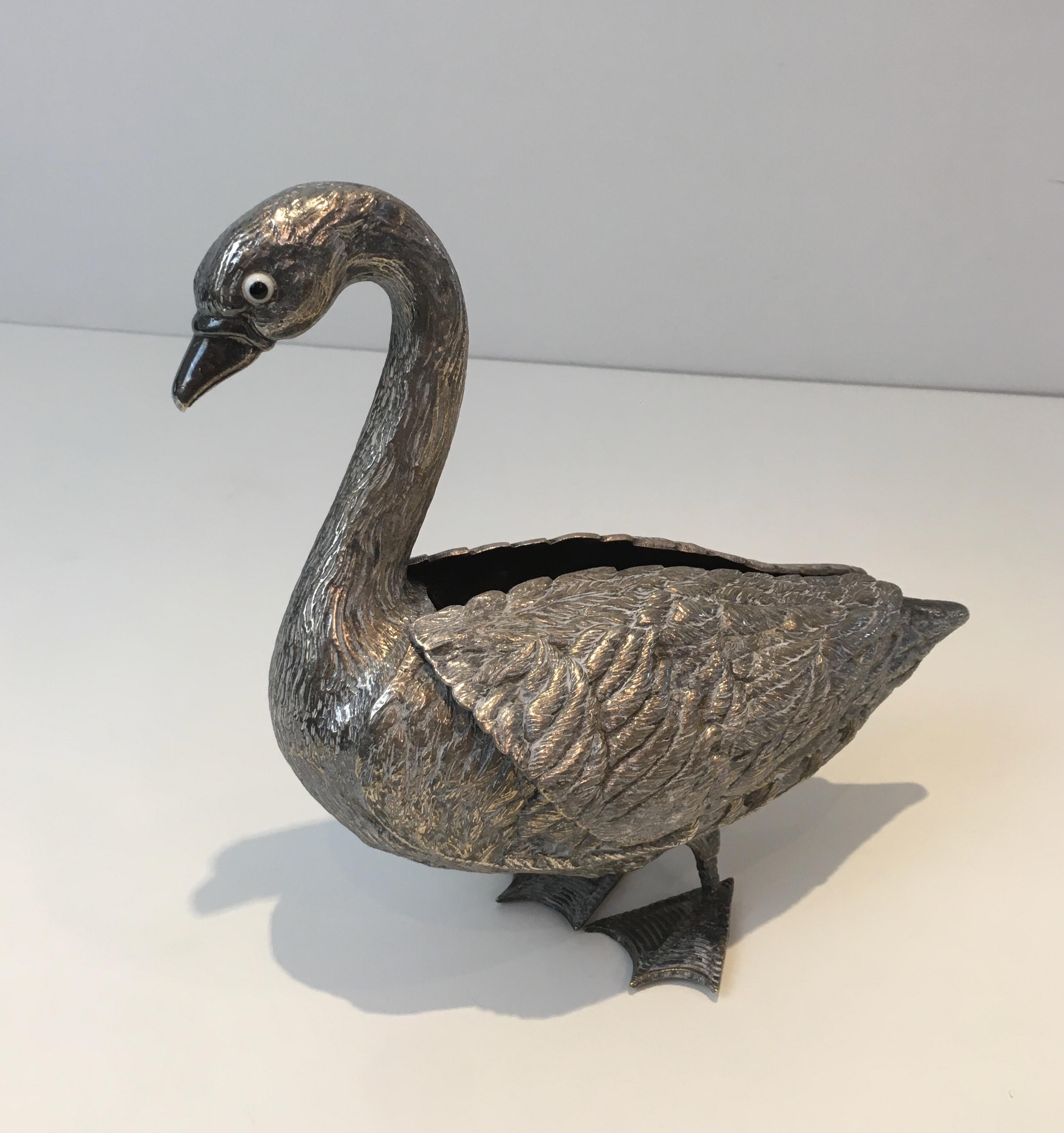 Silver Plated Duck opening a Box with its Wings, French, circa 1970 13
