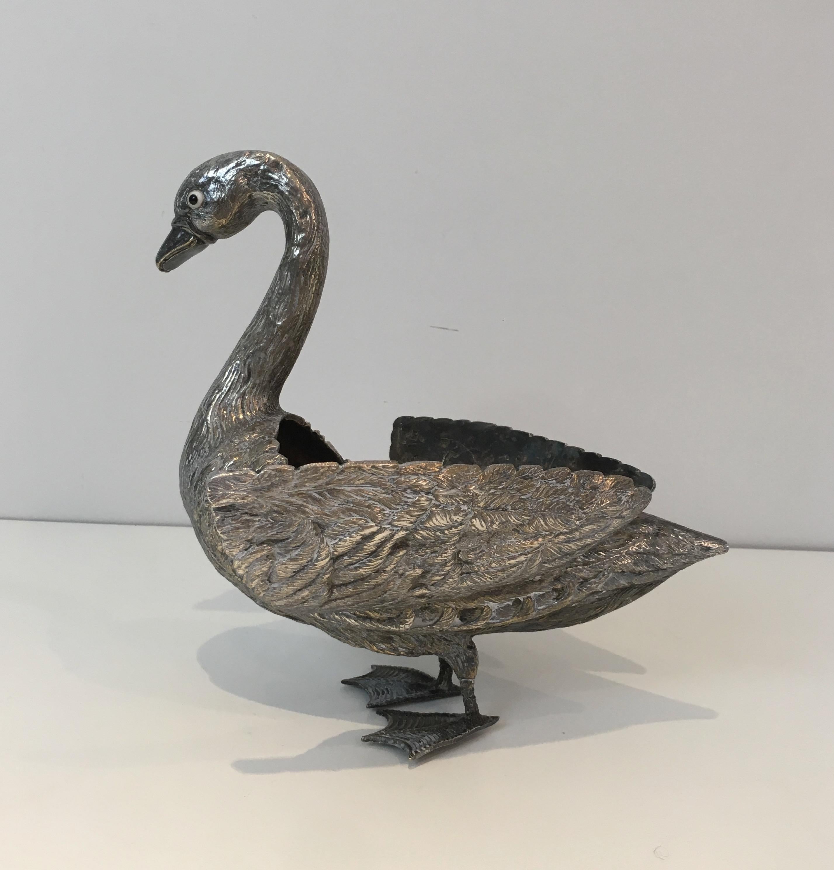 Silver Plated Duck opening a Box with its Wings, French, circa 1970 14