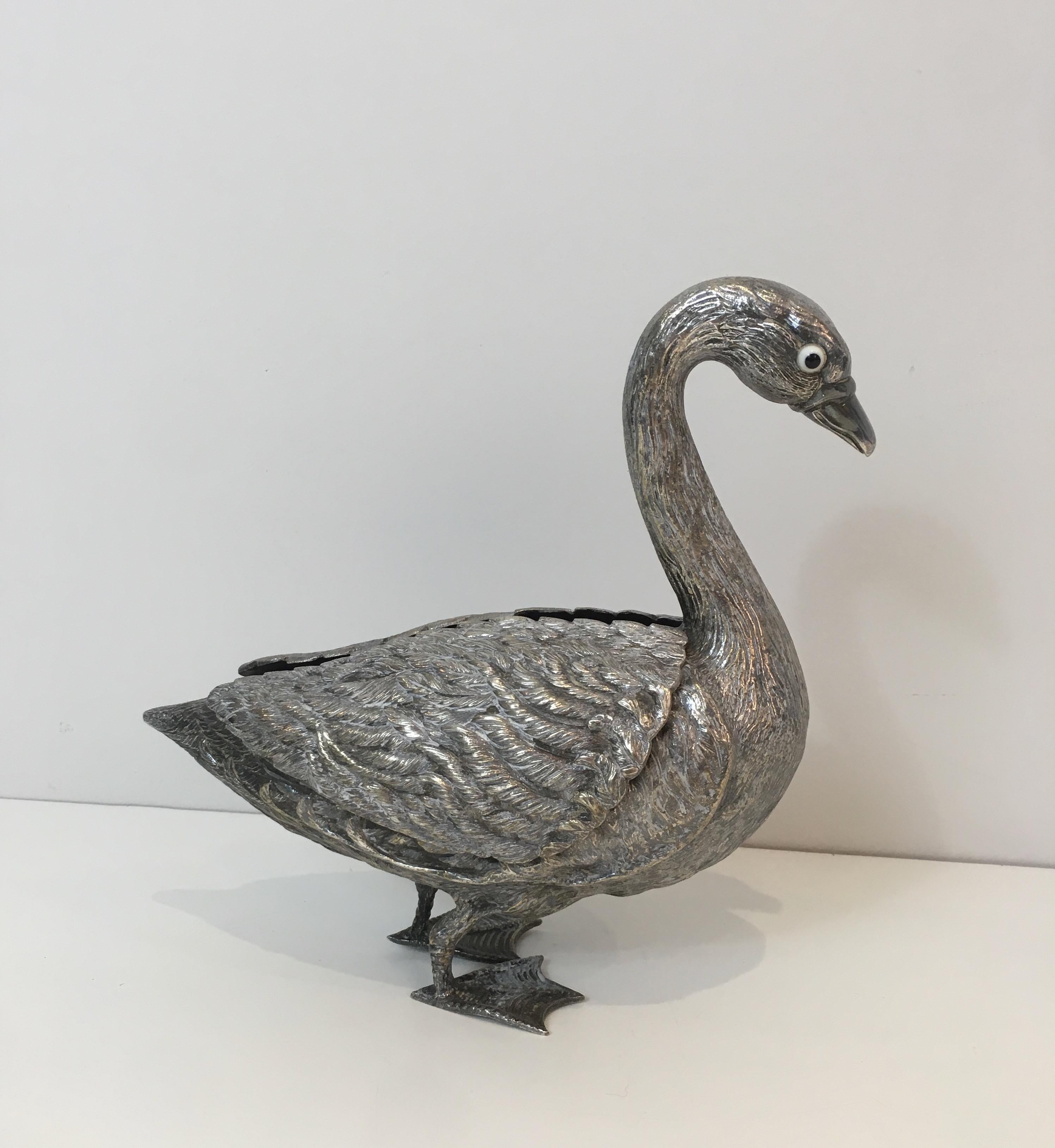 Silver Plated Duck opening a Box with its Wings, French, circa 1970 15