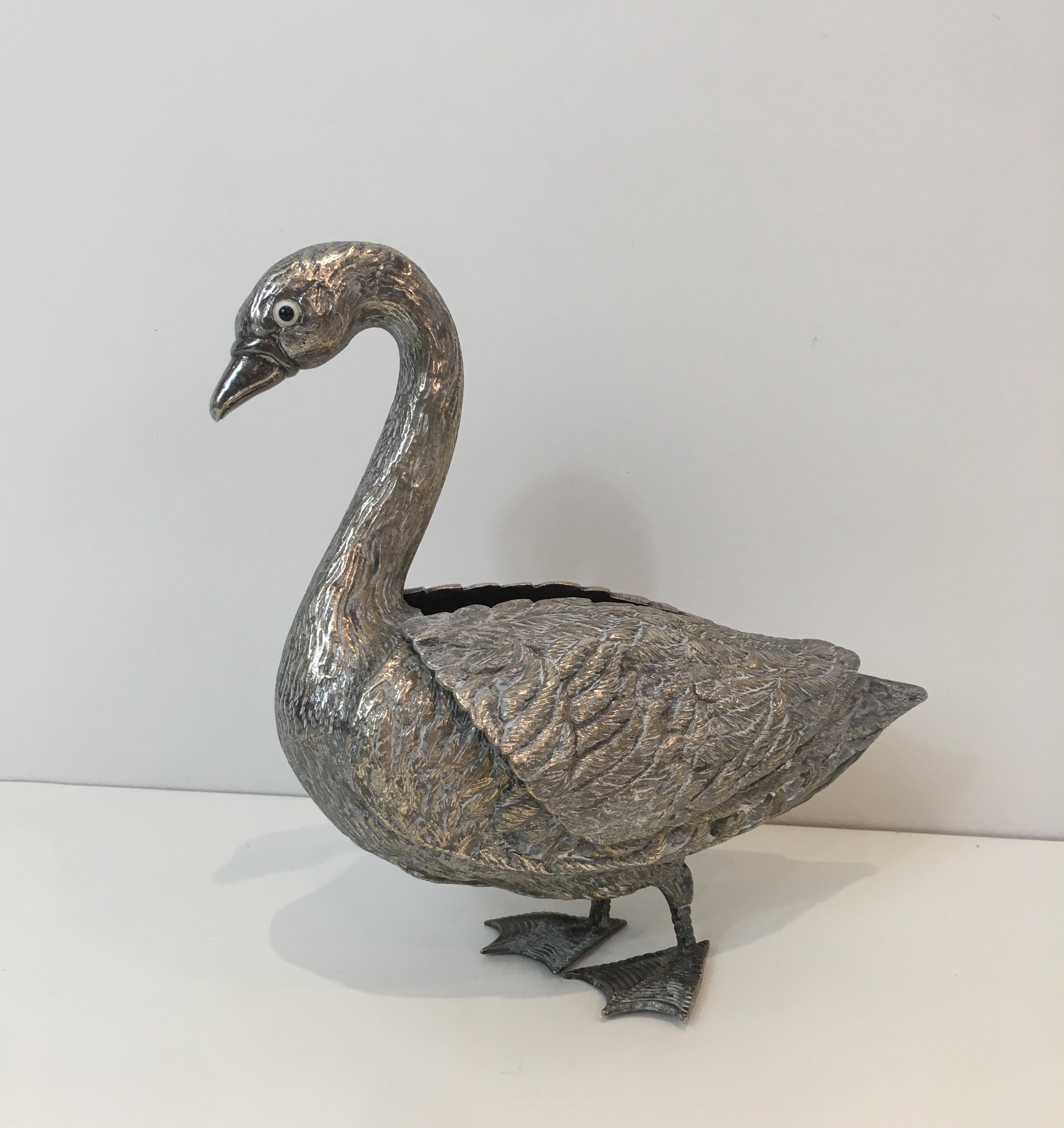 Neoclassical Silver Plated Duck opening a Box with its Wings, French, circa 1970
