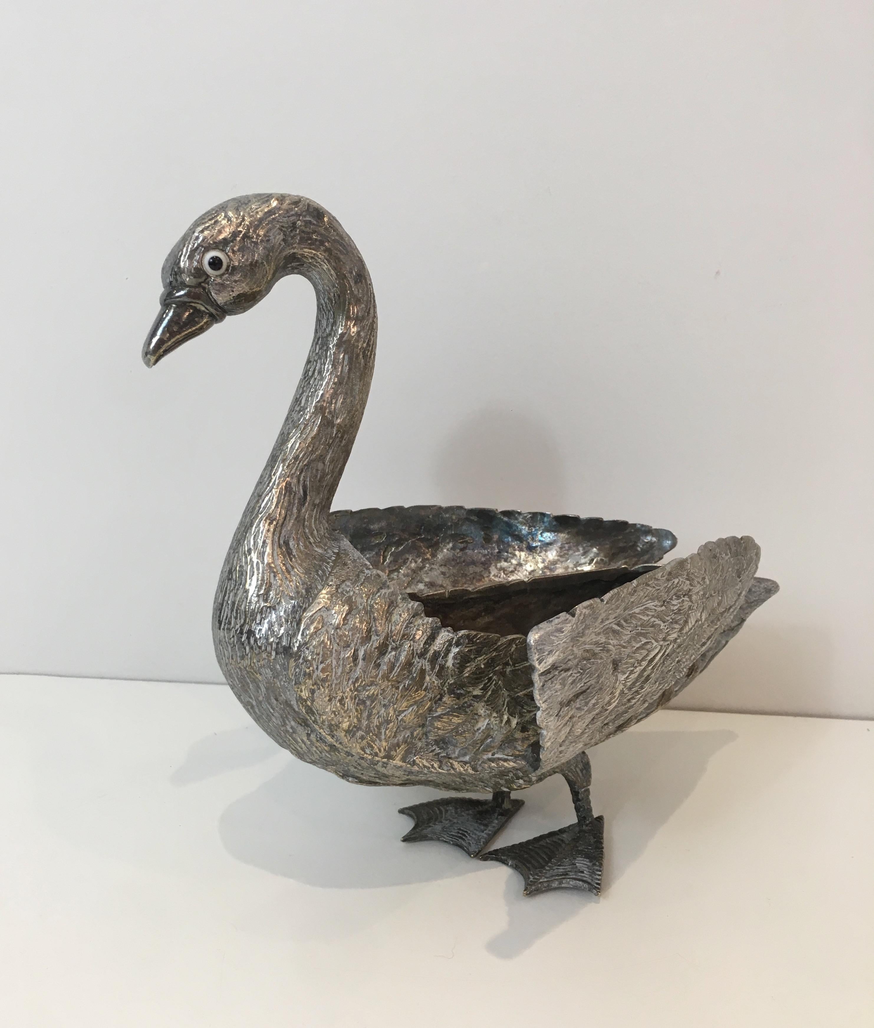 Silver Plated Duck opening a Box with its Wings, French, circa 1970 In Good Condition In Marcq-en-Barœul, Hauts-de-France