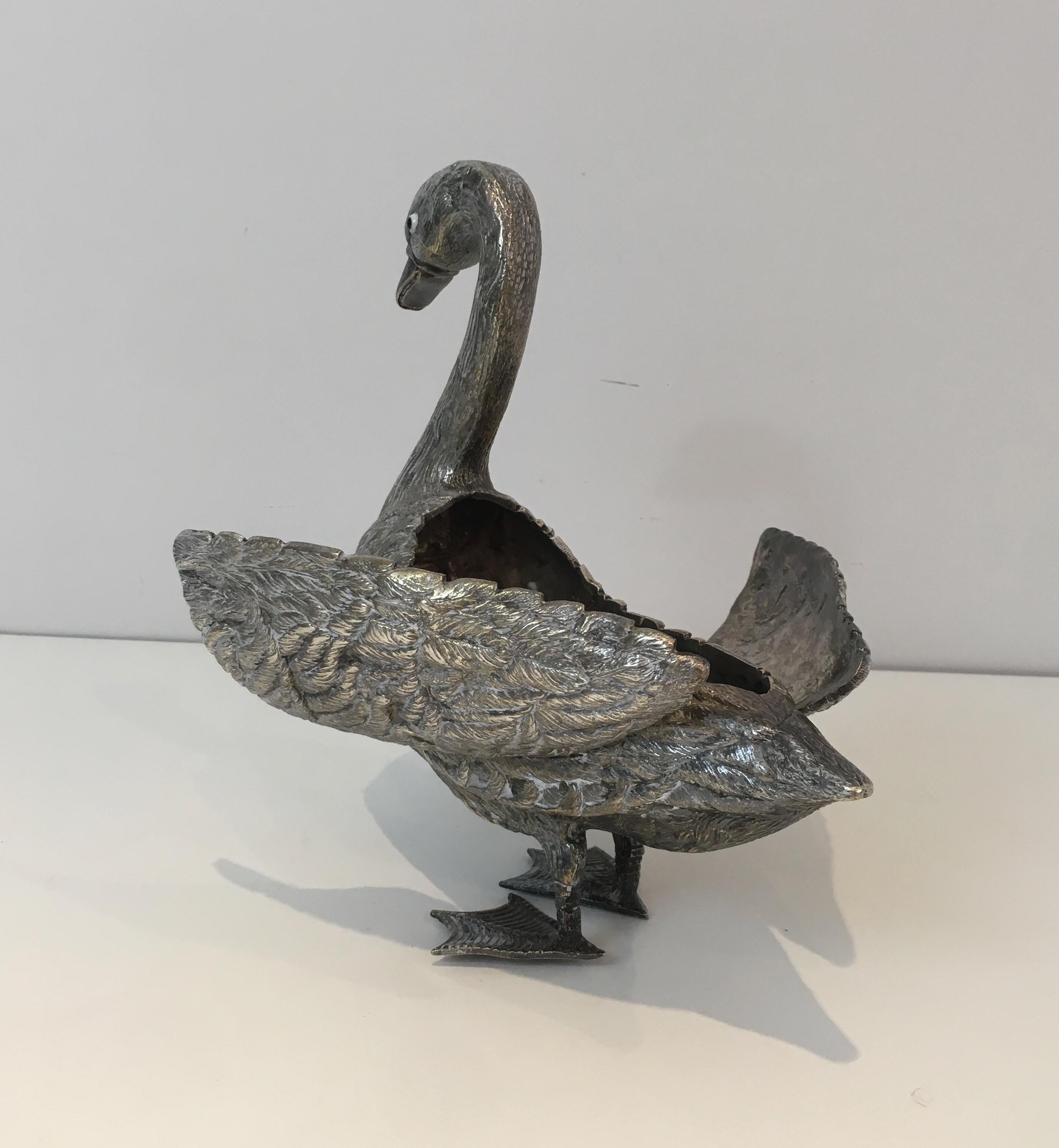 Silver Plated Duck opening a Box with its Wings, French, circa 1970 4