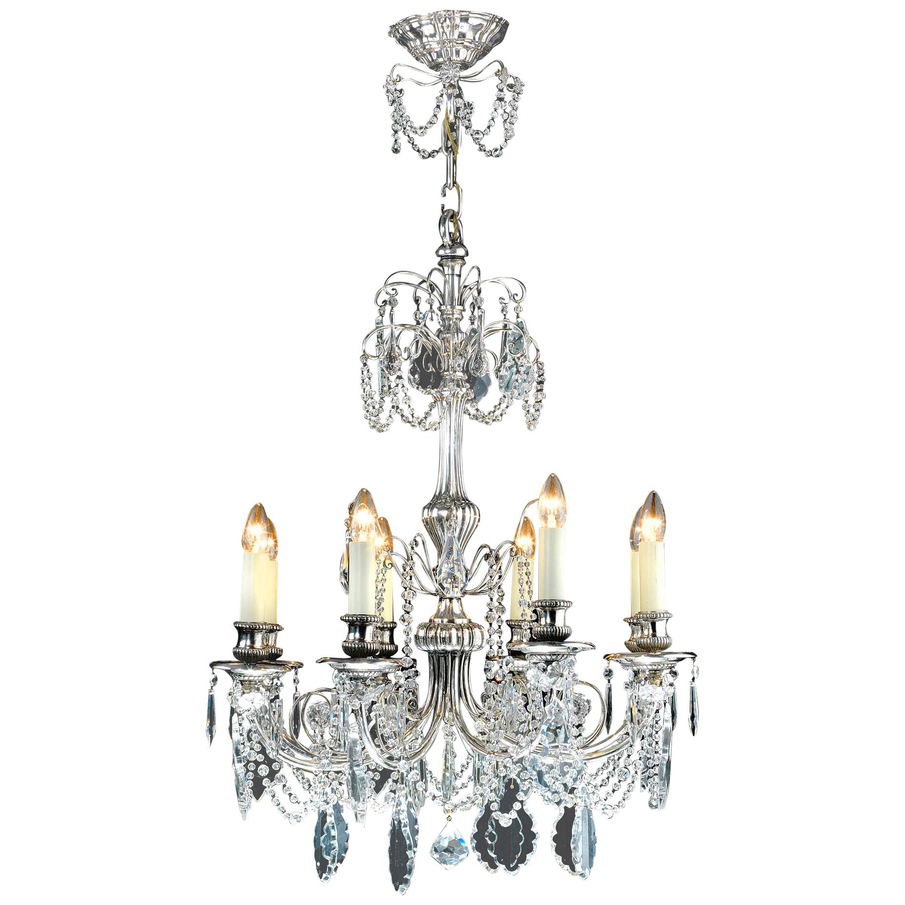 Silver-Plated Eight Light Crystal Chandelier For Sale