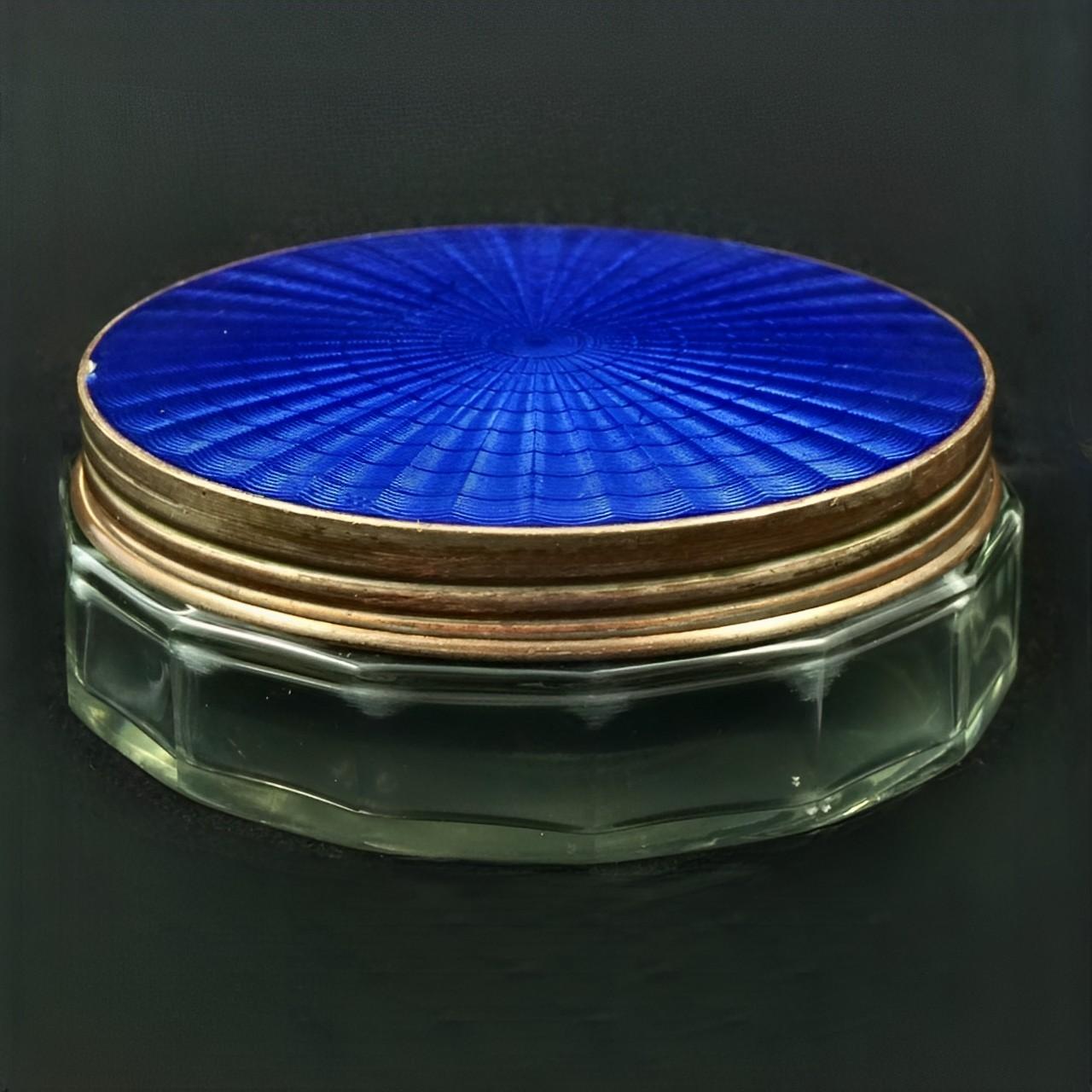 Silver Plated Electric Blue Guilloche Enamel Glass Jar circa 1930s For Sale 1