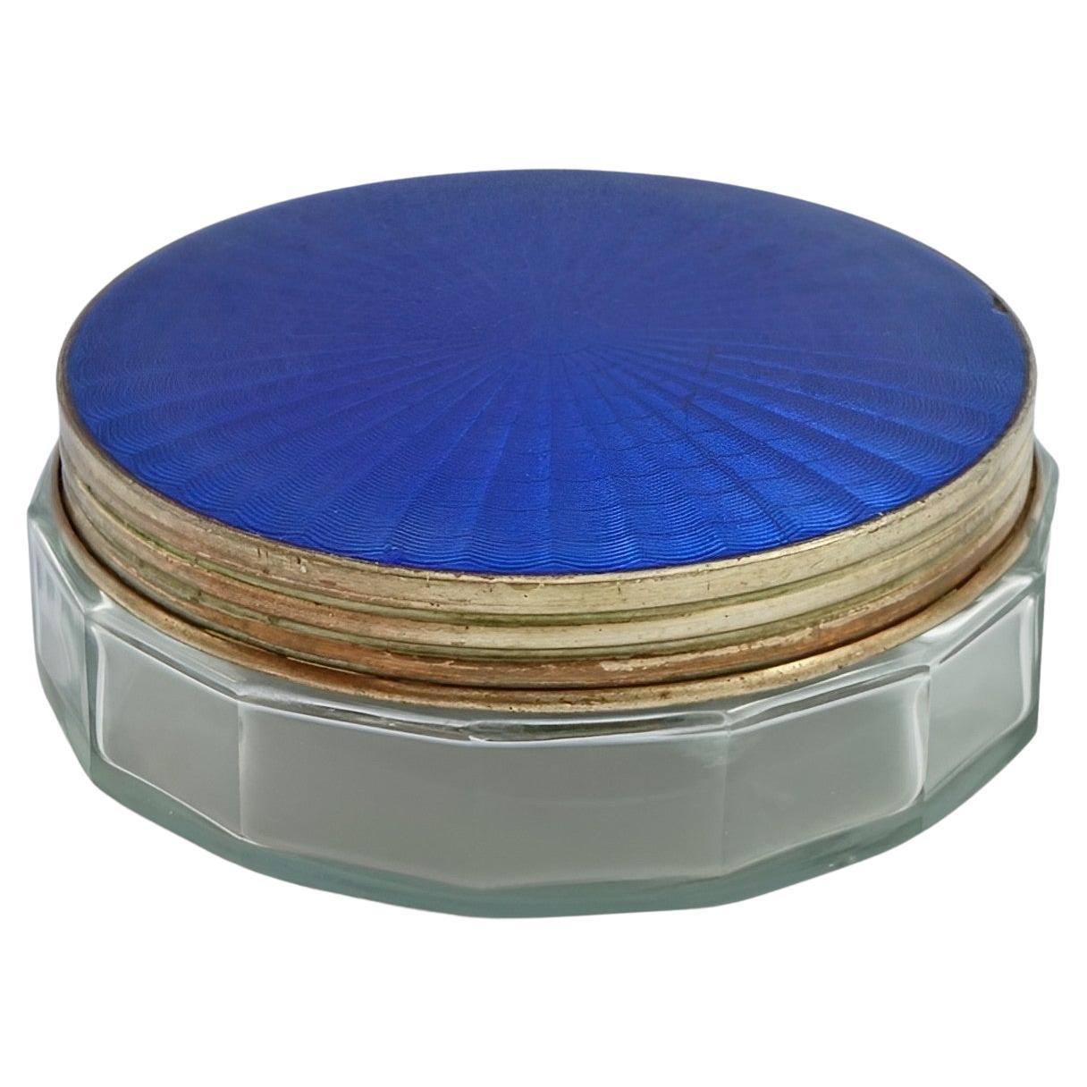 Silver Plated Electric Blue Guilloche Enamel Glass Jar circa 1930s For Sale