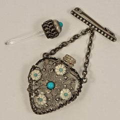 Silver Plated Filigree Turquoise Glass Enamel Miniature Perfume Bottle Brooch