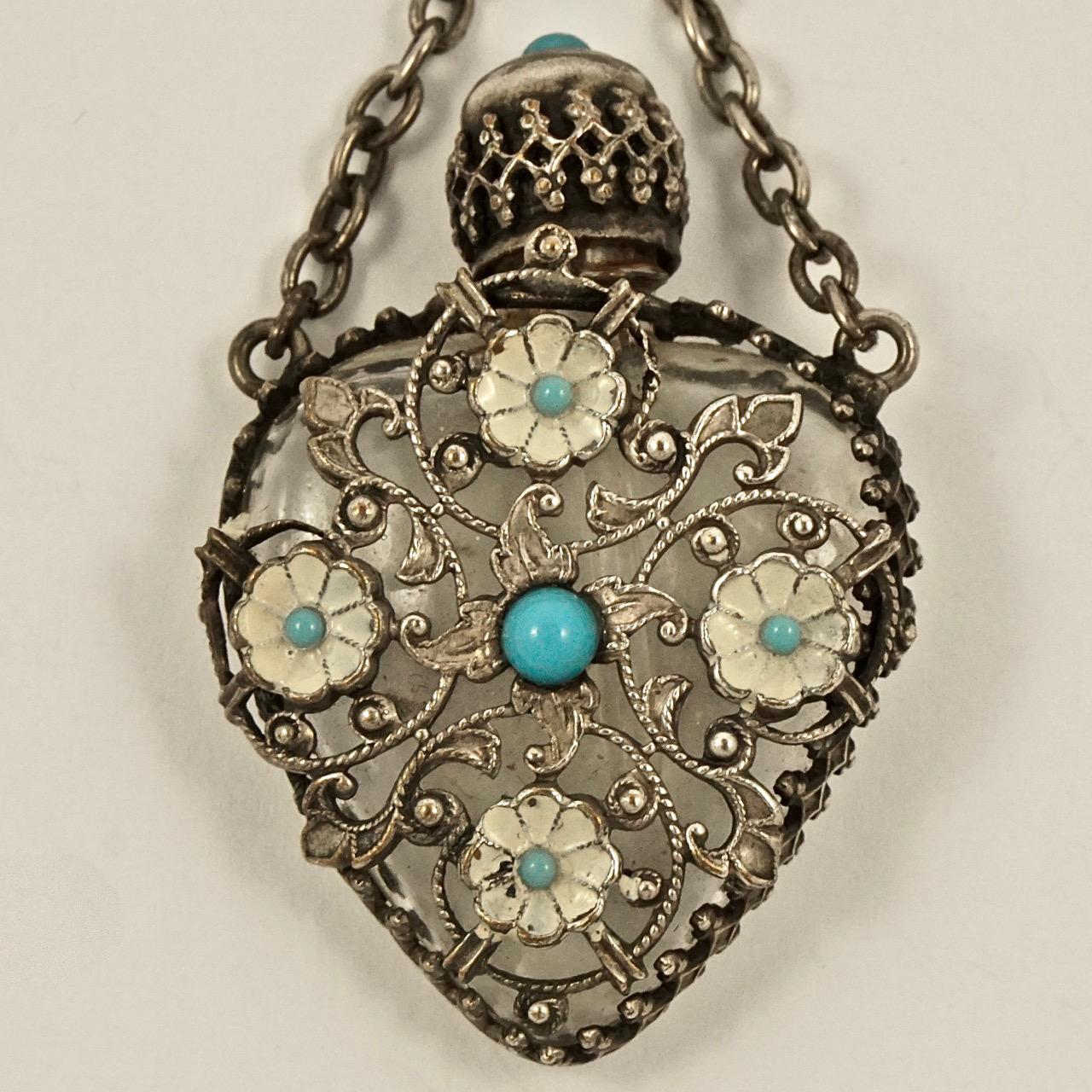 Silver Plated Filigree Turquoise Glass Enamel Miniature Perfume Bottle Brooch In Good Condition For Sale In London, GB