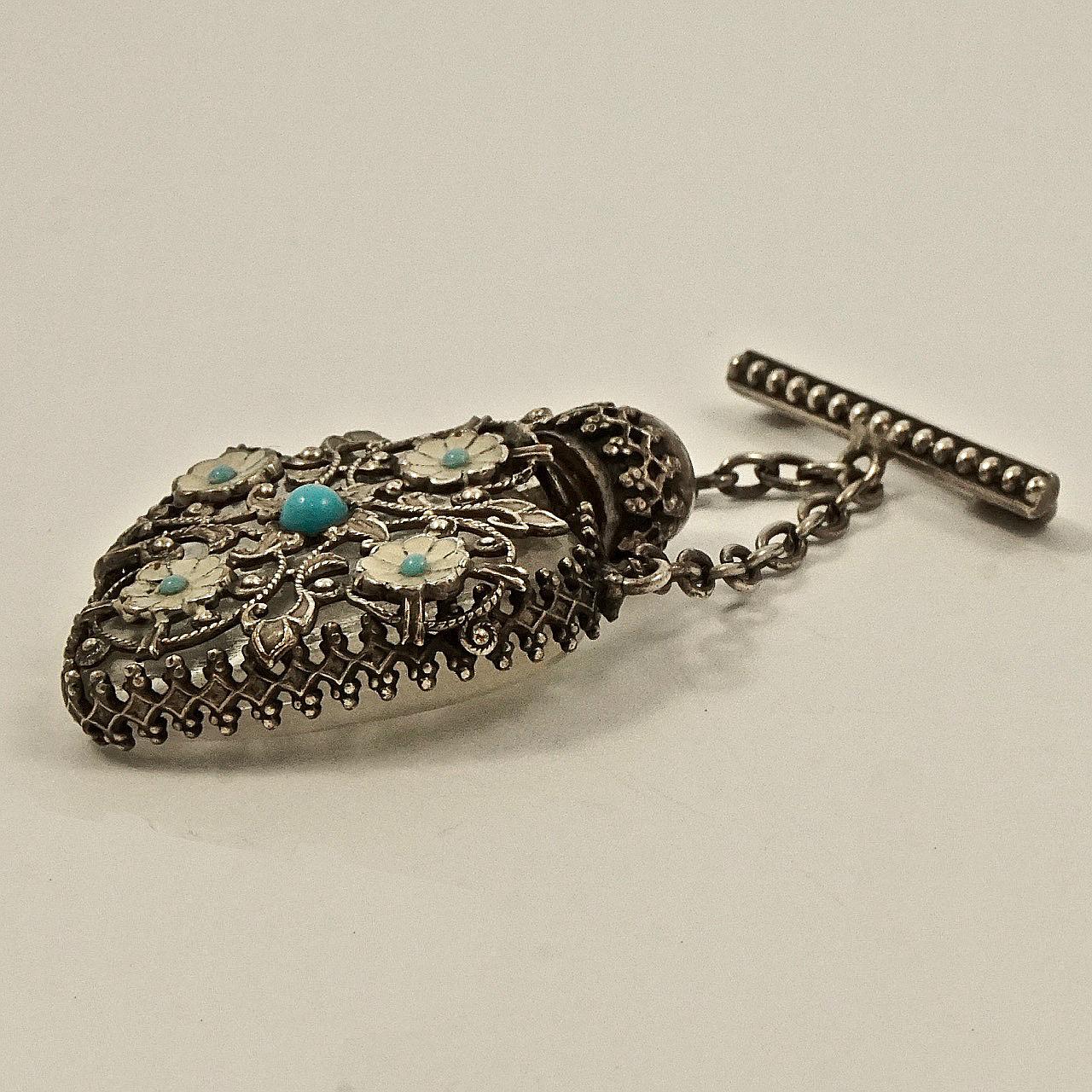 Silver Plated Filigree Turquoise Glass Enamel Miniature Perfume Bottle Brooch For Sale 1