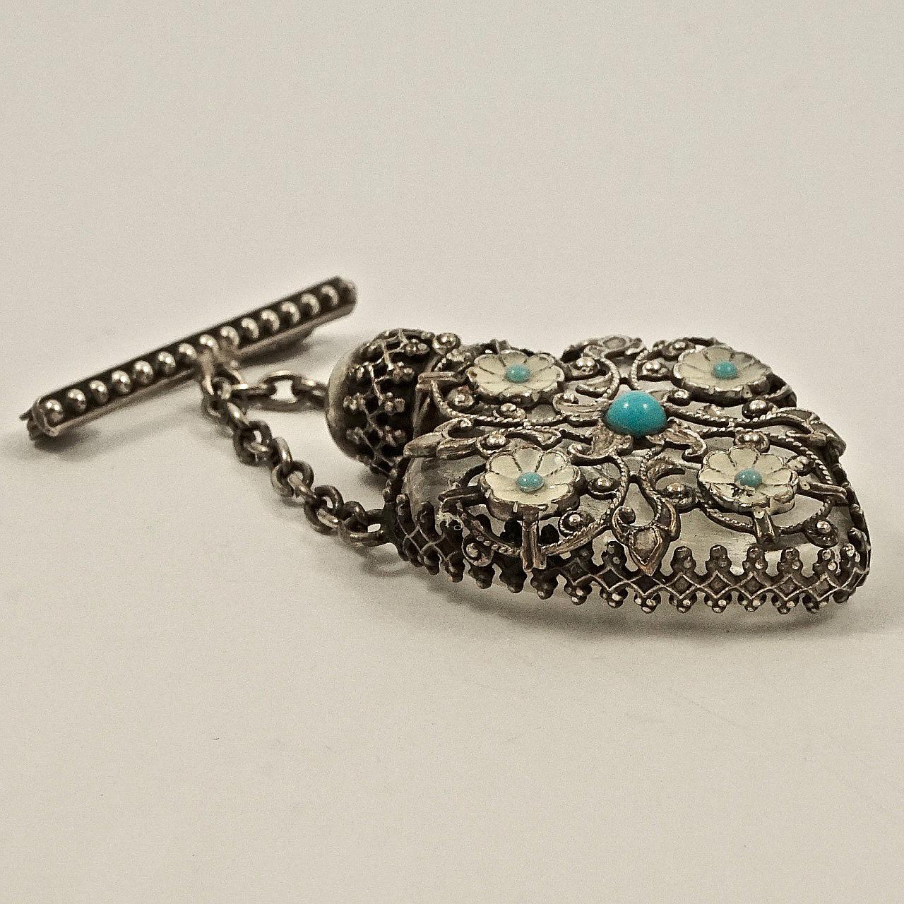 Silver Plated Filigree Turquoise Glass Enamel Miniature Perfume Bottle Brooch For Sale 2