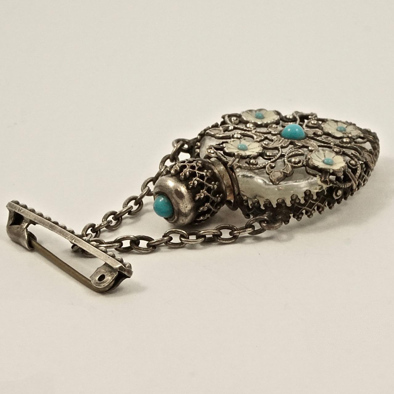 Silver Plated Filigree Turquoise Glass Enamel Miniature Perfume Bottle Brooch For Sale 3
