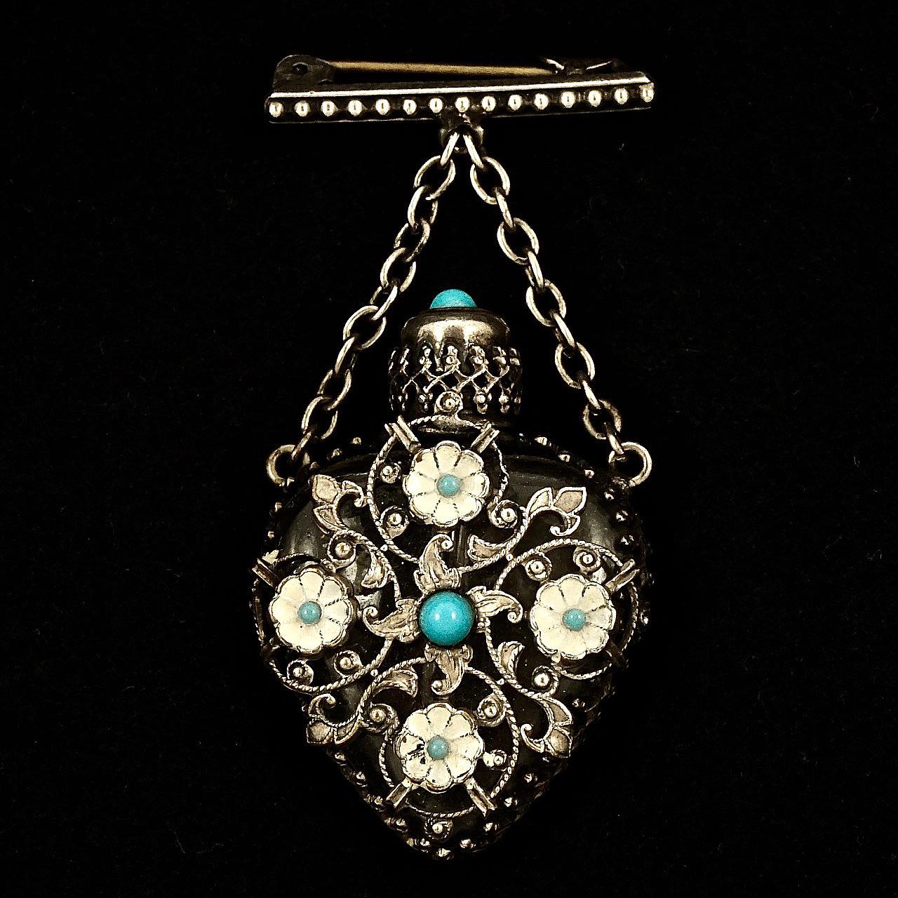 Silver Plated Filigree Turquoise Glass Enamel Miniature Perfume Bottle Brooch For Sale 2