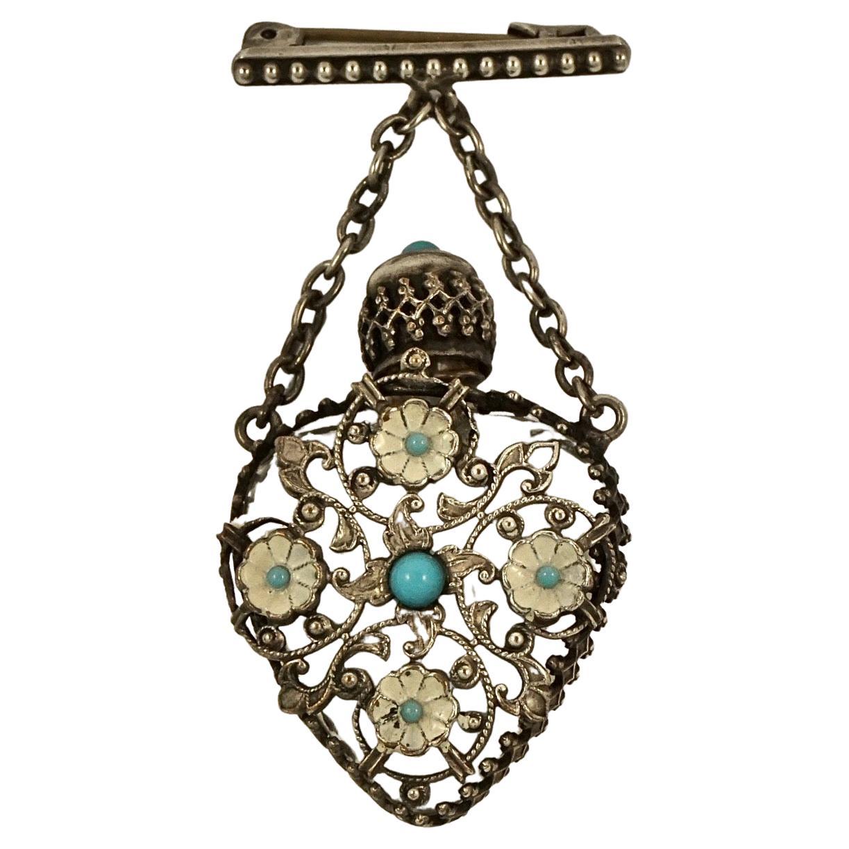 Silver Plated Filigree Turquoise Glass Enamel Miniature Perfume Bottle Brooch For Sale