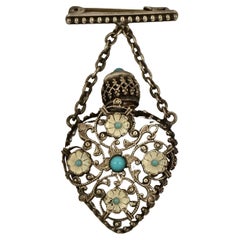 Antique Silver Plated Filigree Turquoise Glass Enamel Miniature Perfume Bottle Brooch