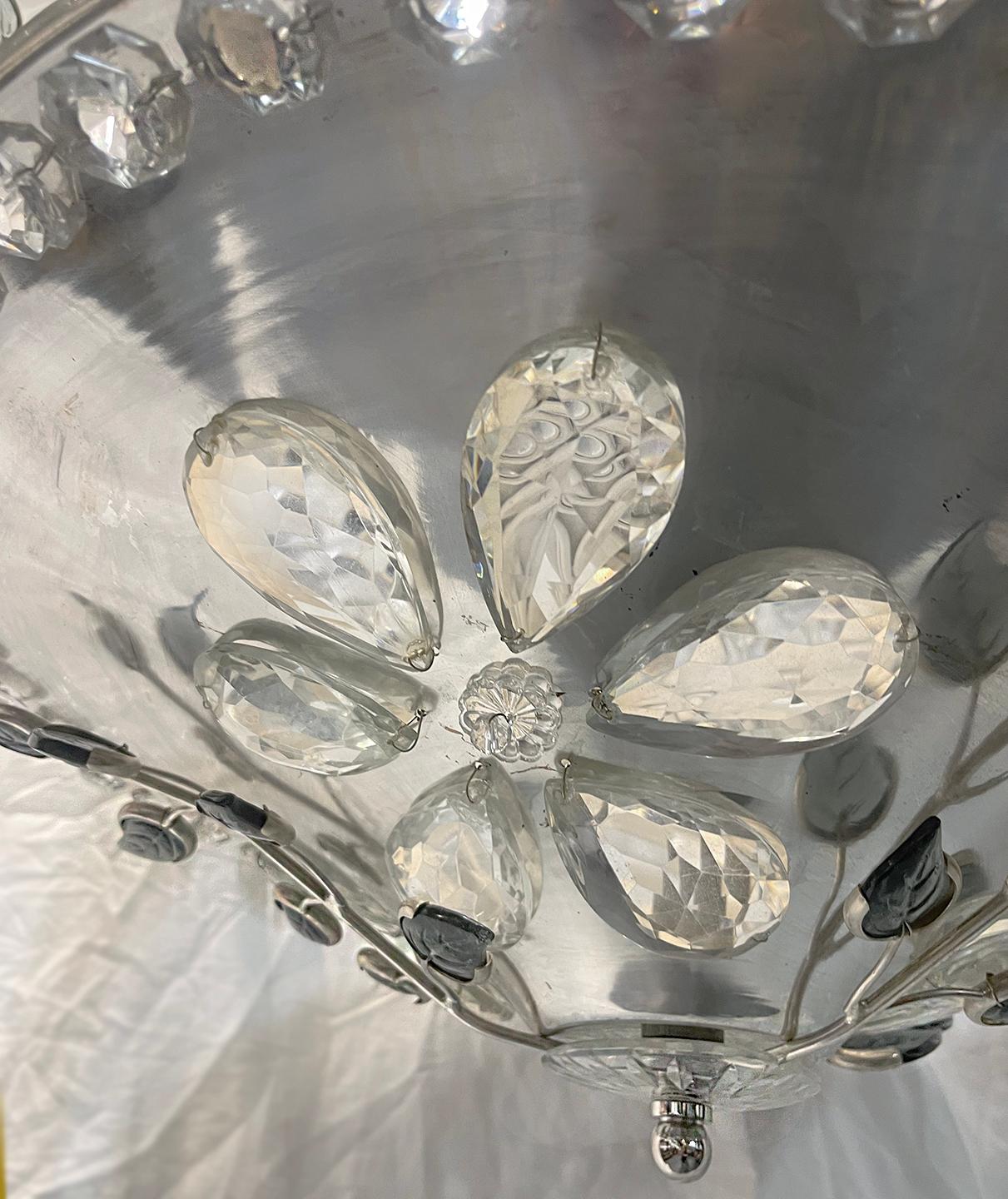 Silver Plate French Chandelier with Gray Molded Glass Leaves For Sale