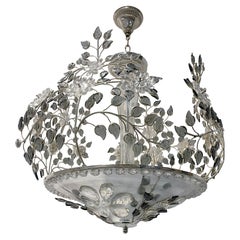 French Chandelier with Gray Molded Glass Leaves