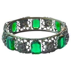 Silver Plated Flower Design Bangle Bracelet with Emerald Green Glass Stones