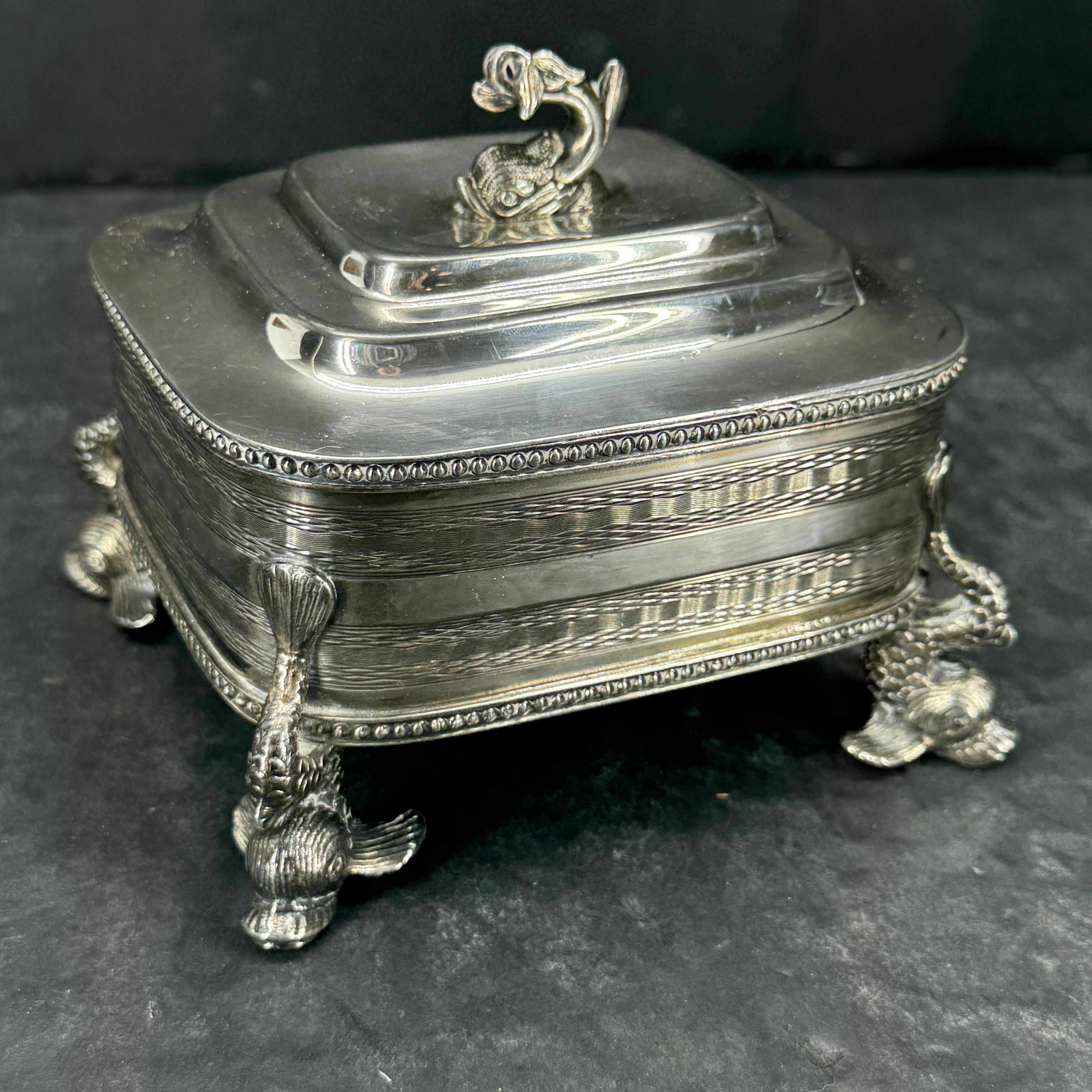 French Silver Plated Rectangular Dolphin Footed Box with Lid For Sale