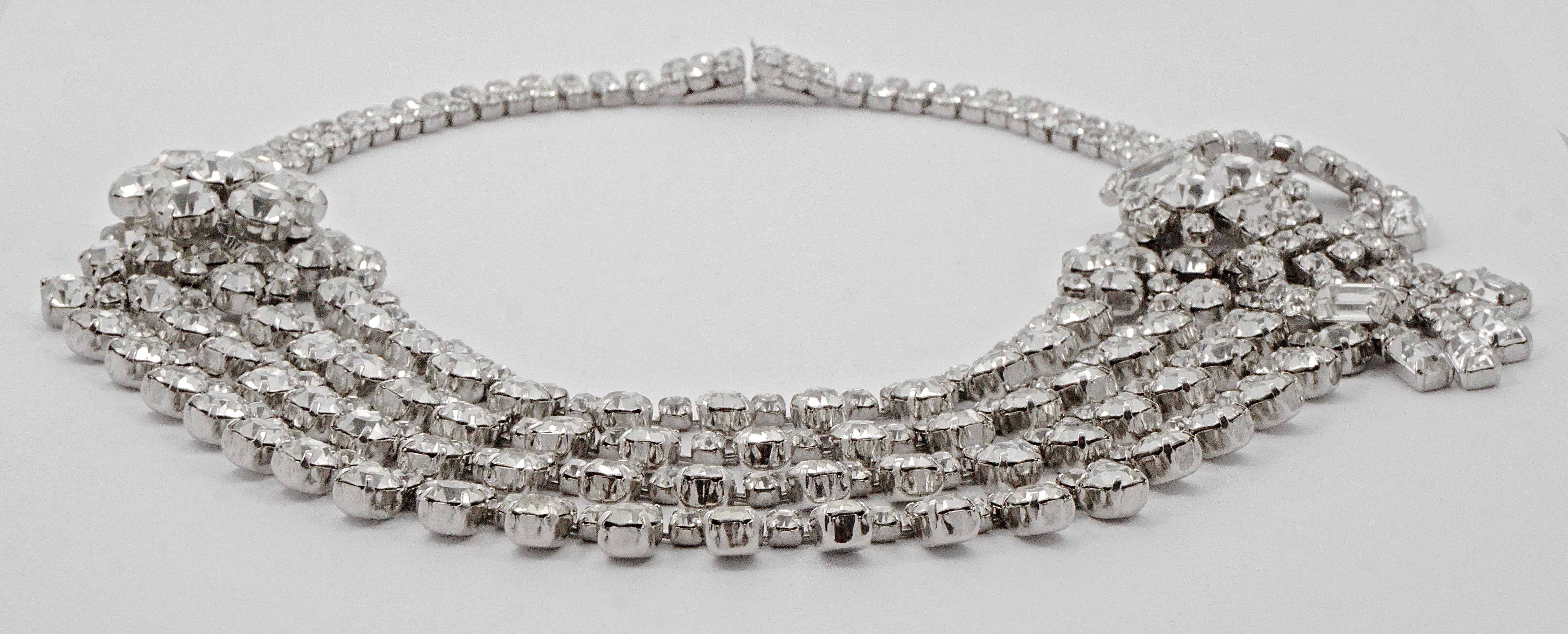 Silver Plated Four Strand Rhinestone Statement Collar Necklace circa 1950s For Sale 3