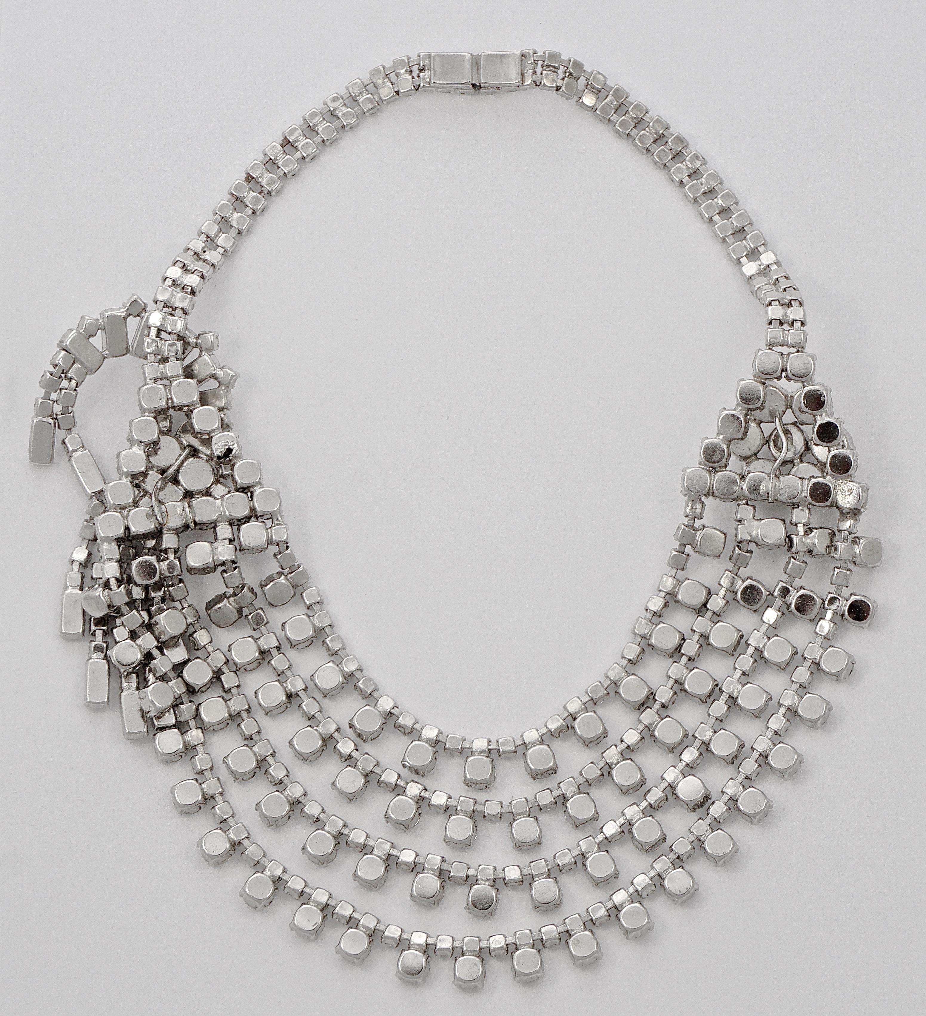 Silver Plated Four Strand Rhinestone Statement Collar Necklace circa 1950s For Sale 2