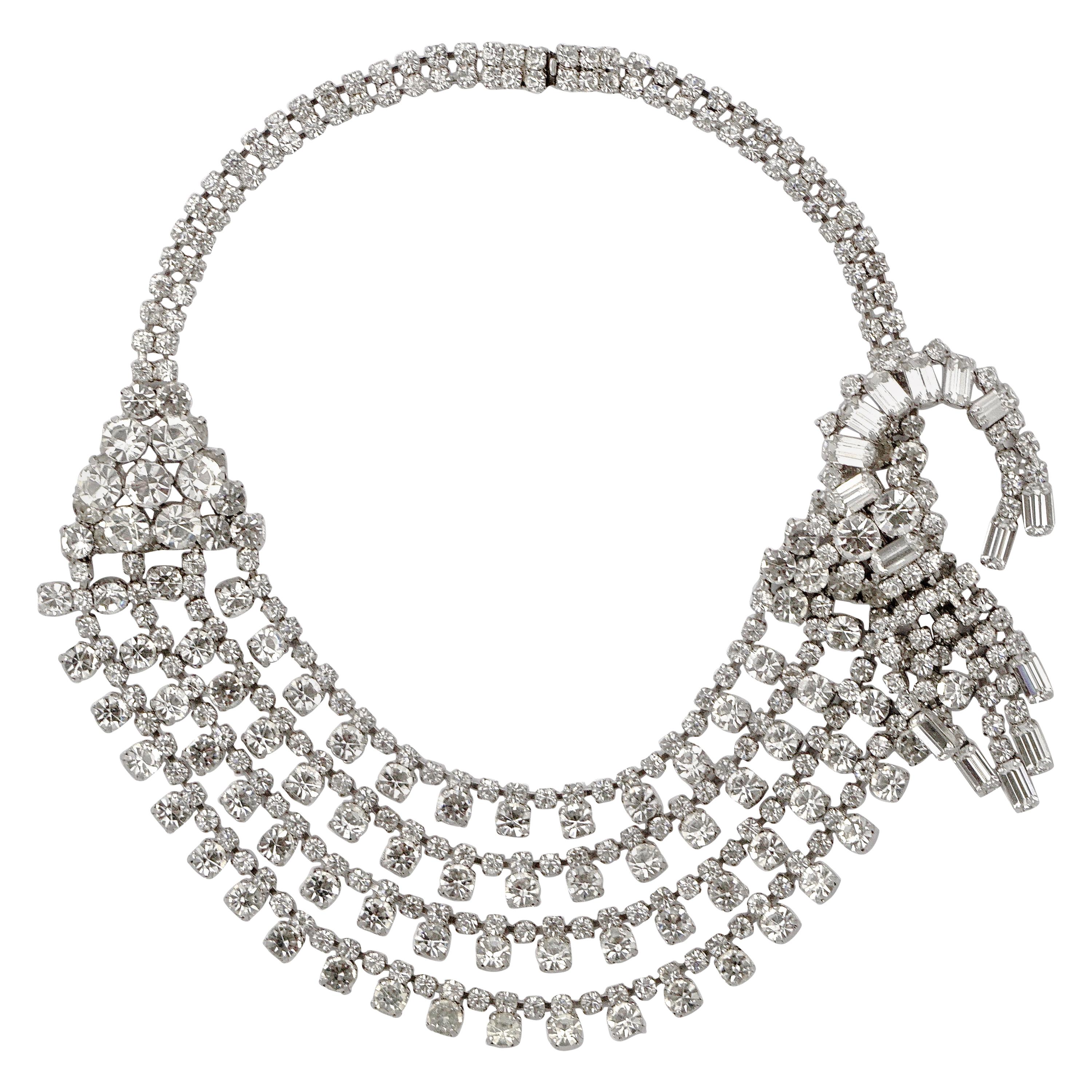 Silver Plated Four Strand Rhinestone Statement Collar Necklace circa 1950s For Sale