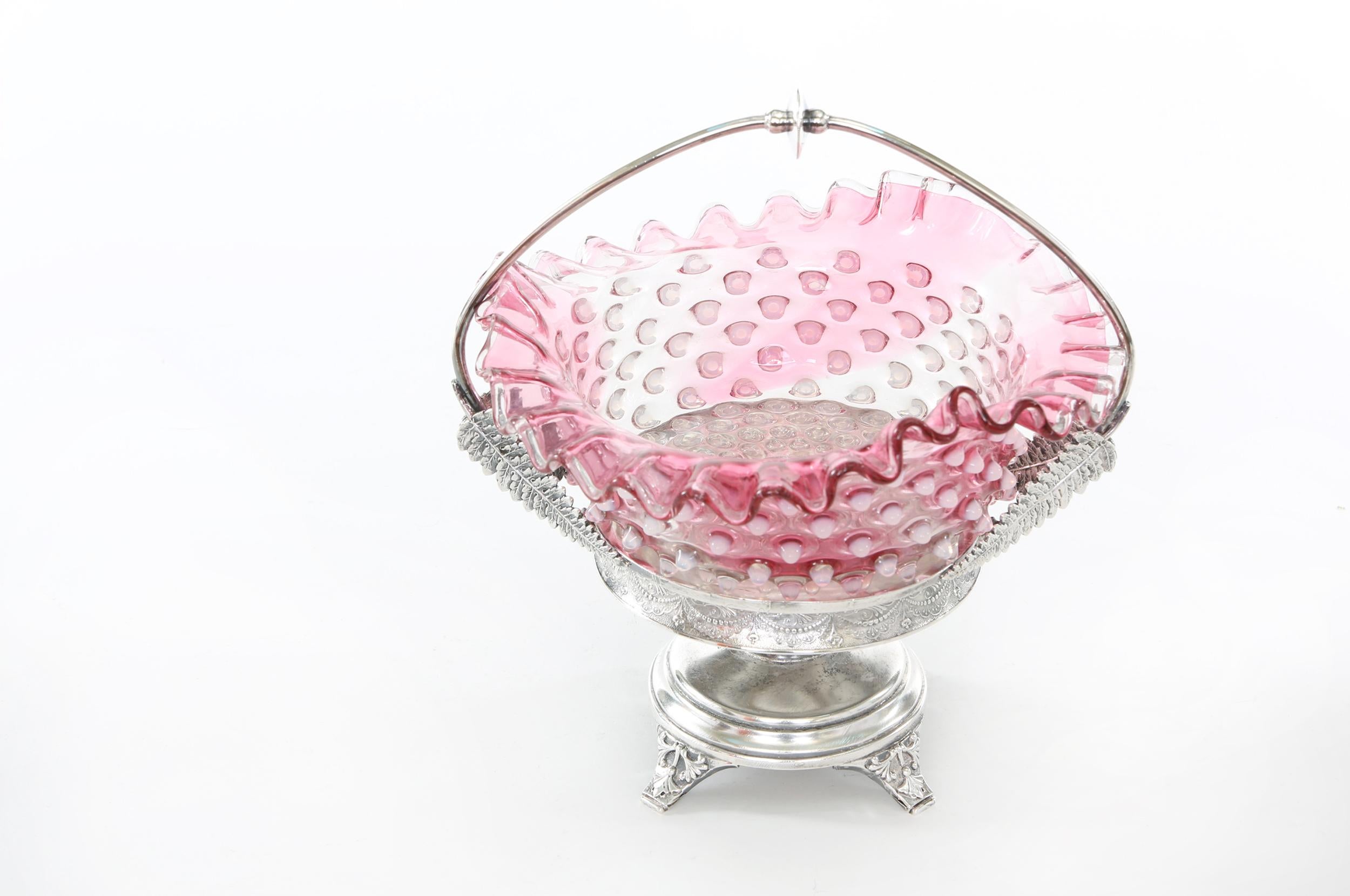 North American Silver Plated Framed Pink Crystal Brides Basket
