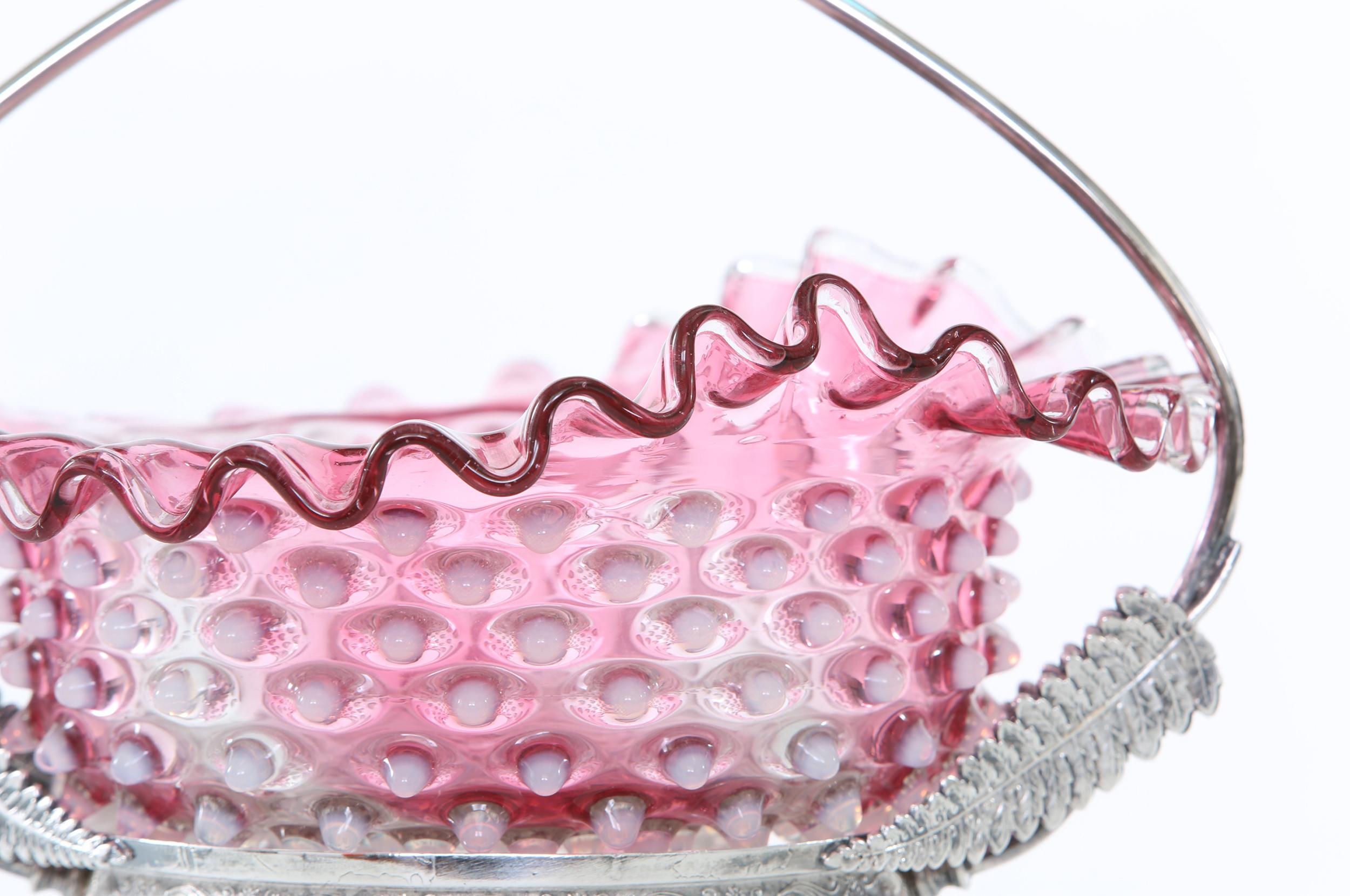20th Century Silver Plated Framed Pink Crystal Brides Basket