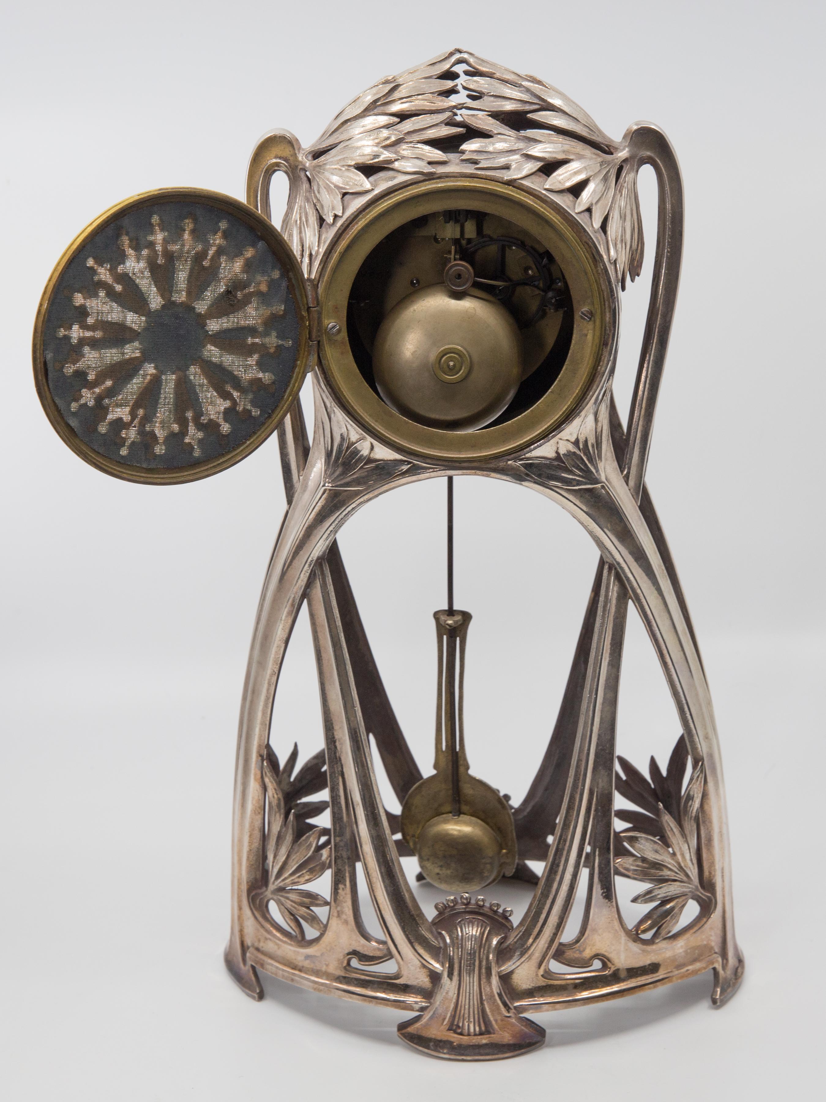 Silver Plated French Art Nouveau Tall Mantle Clock 7