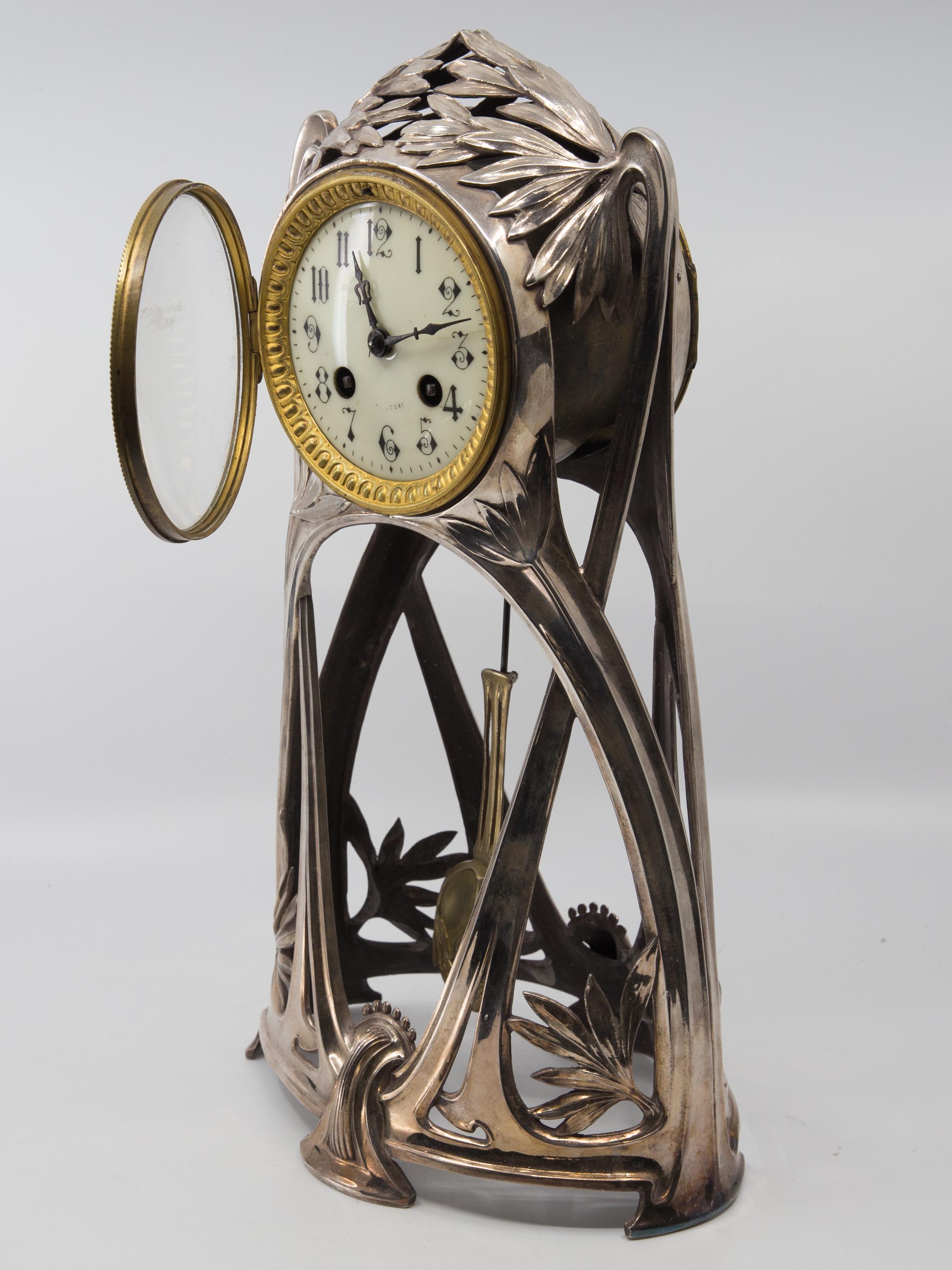 20th Century Silver Plated French Art Nouveau Tall Mantle Clock
