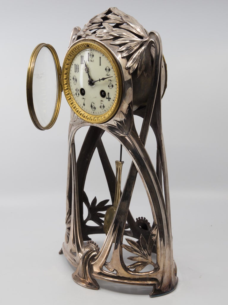 Silver Plated French Art Nouveau Tall Mantle Clock For Sale at 1stDibs