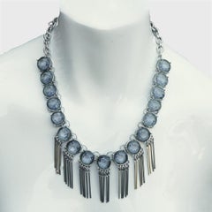 Silver Plated Fringe Drops Necklace with Blue Crackle Glass Beads