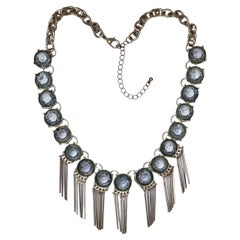 Silver Plated Fringe Drops Necklace with Blue Crackle Glass Beads
