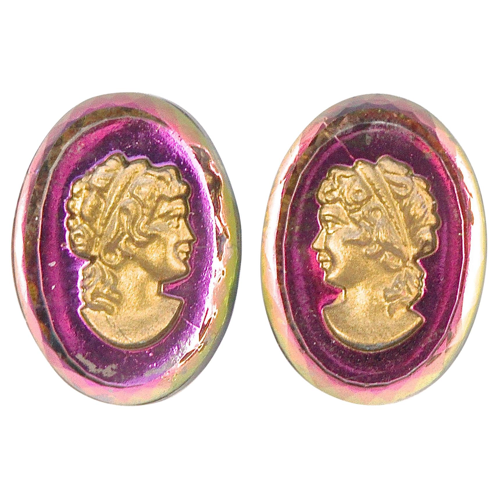 Silver Plated Fuchsia Pink and Clear Faceted Glass Gold Cameo Clip On Earrings