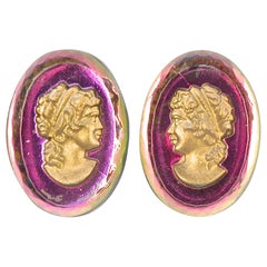 Silver Plated Fuchsia Pink and Clear Faceted Glass Gold Cameo Clip On Earrings