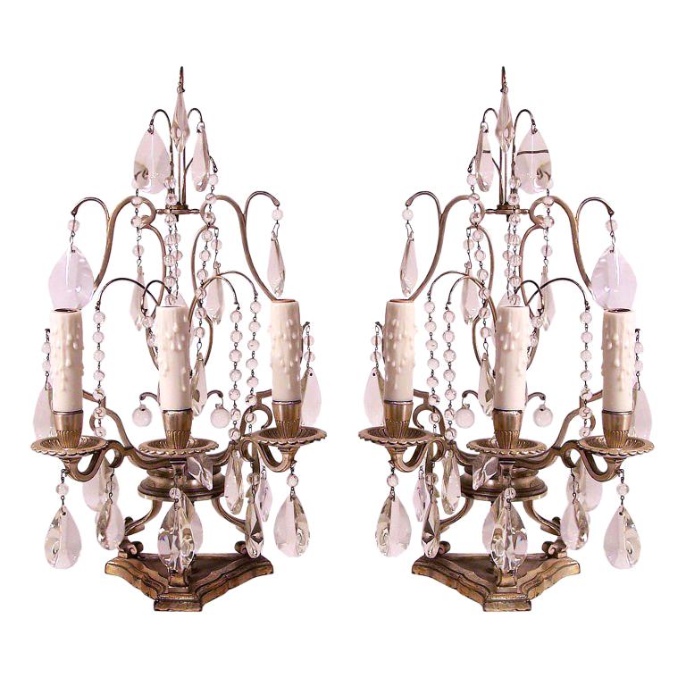 Pair of Silver-Plated Girandoles Table or Mantle Lamps, Early 20th Century