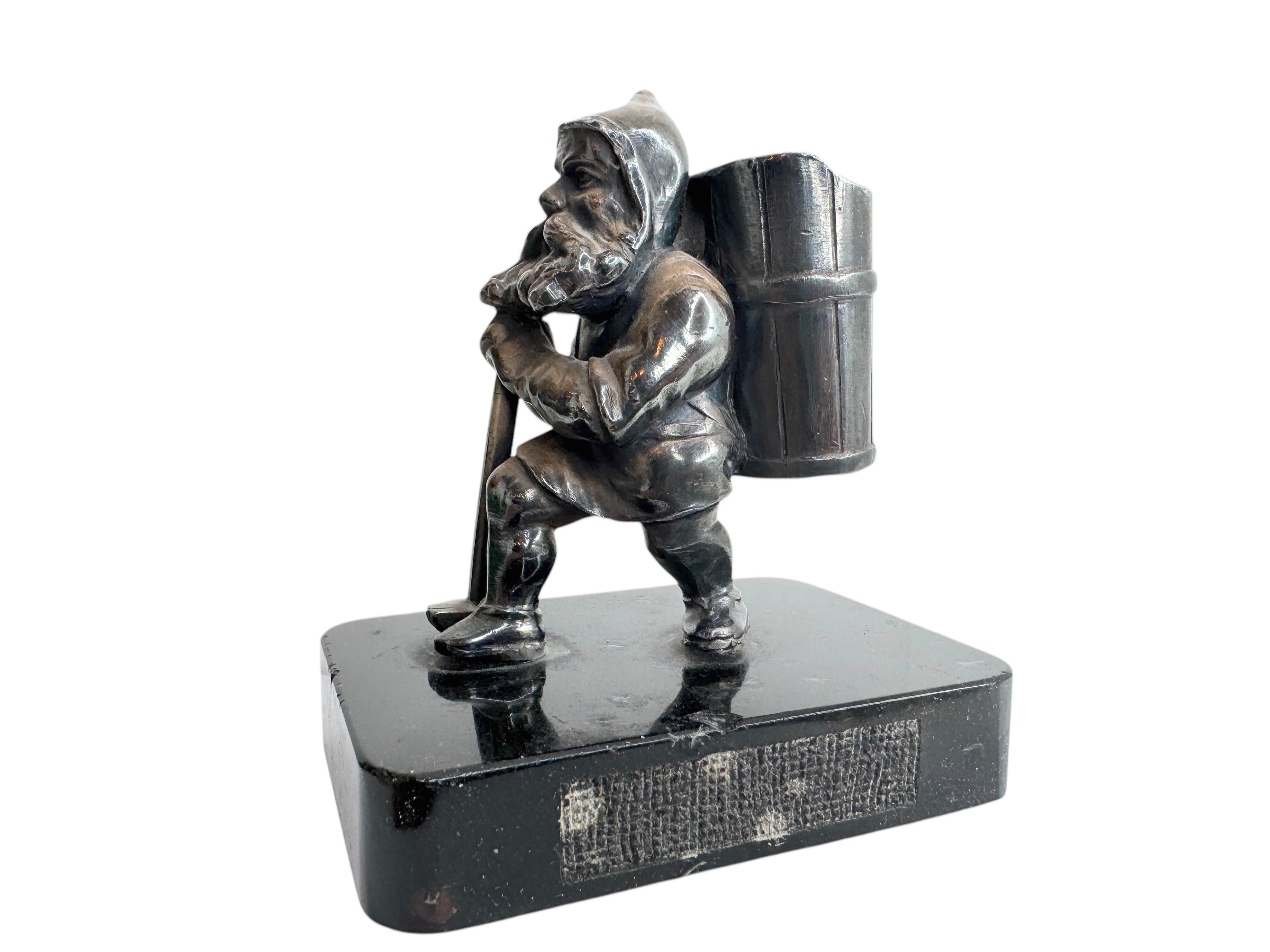 Silver Plated Gnome on Marble Base Matchstick Stand Figurine Antique German 1900