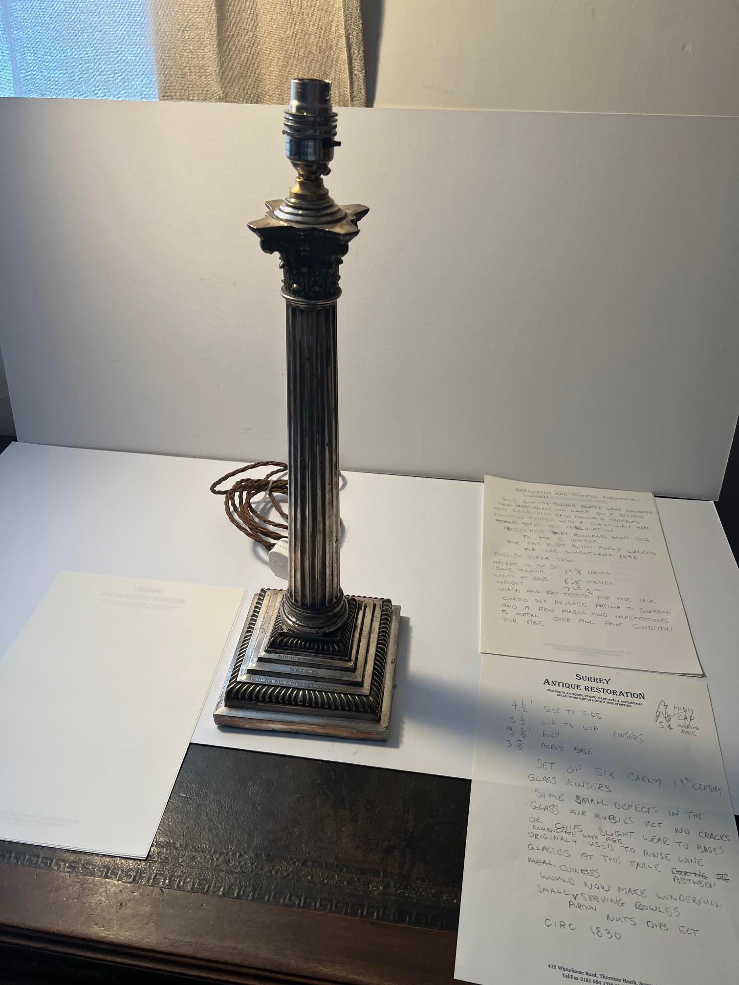 Lampada di presentazione a colonna corinzia graduata e scanalata placcata in argento. in vendita 6