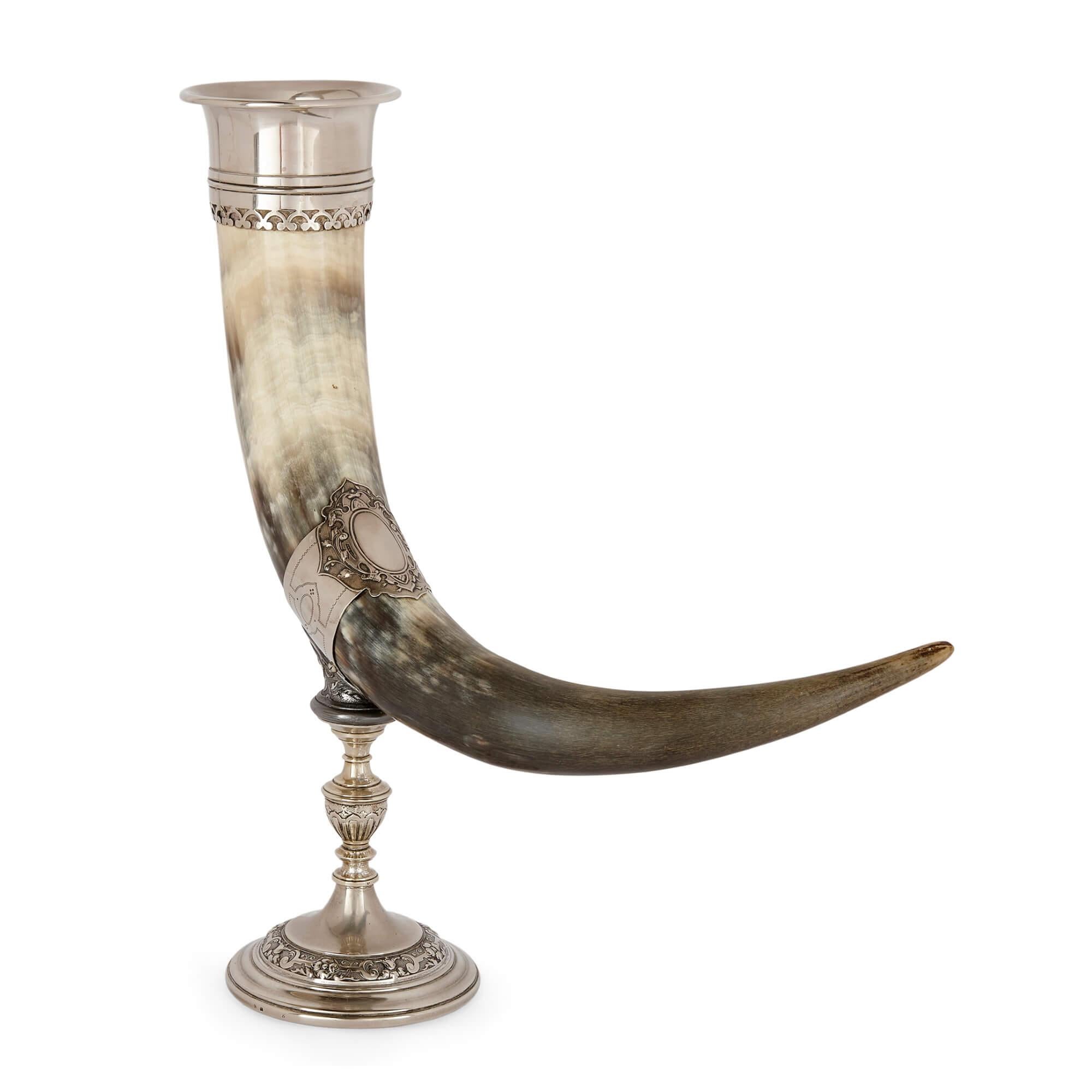 Silver plated horn cornucopia vase by WMF
German, Early 20th Century
Height 37.5cm, width 33cm, depth 11cm

Made from horn and mounted with silver plate, this superb piece is an antique cornucopia vase crafted in Germany around the turn of the